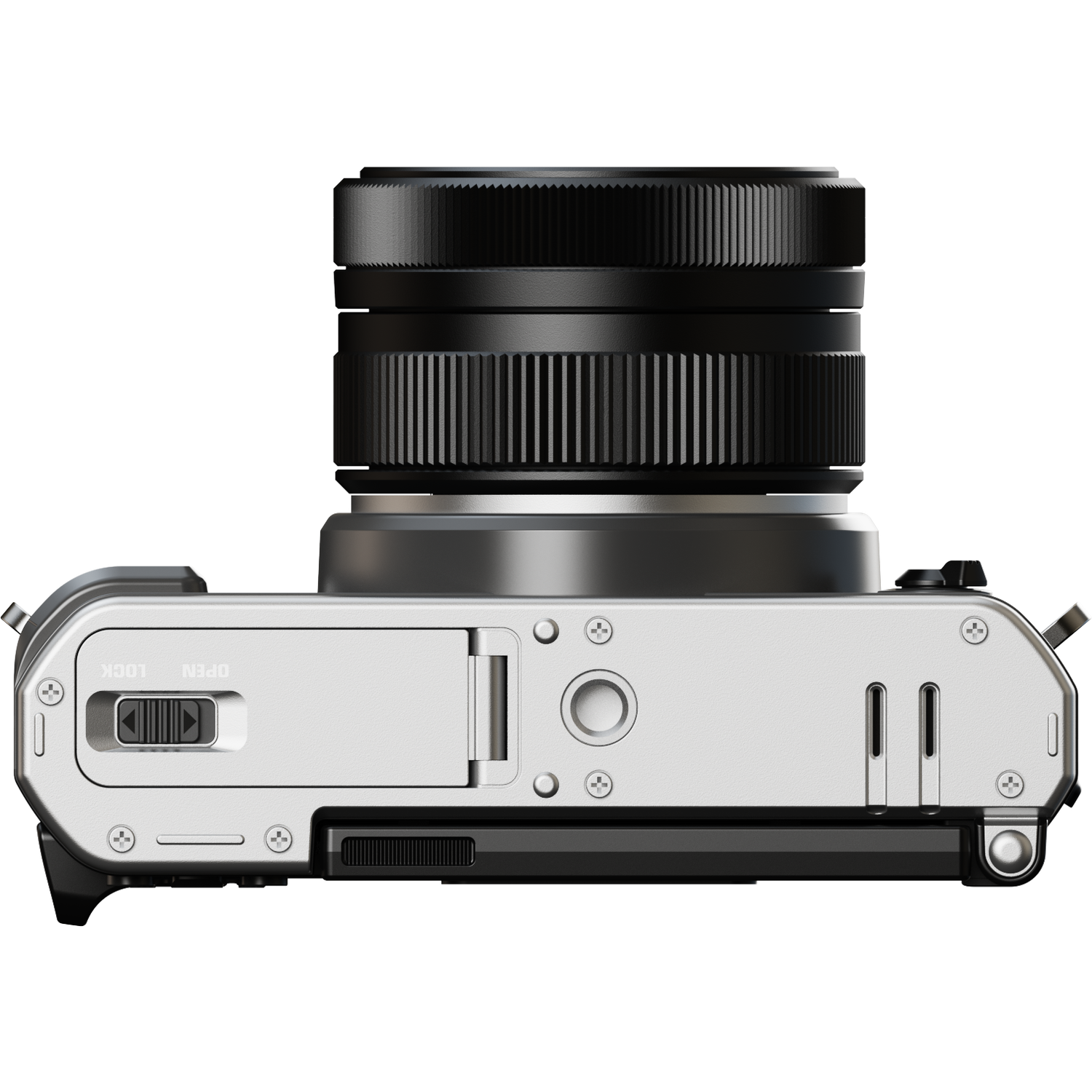 Top view of a silver camera with a black lens. The lens is on top, the camera body has a switch labeled 'OPEN' and 'LOCK'.