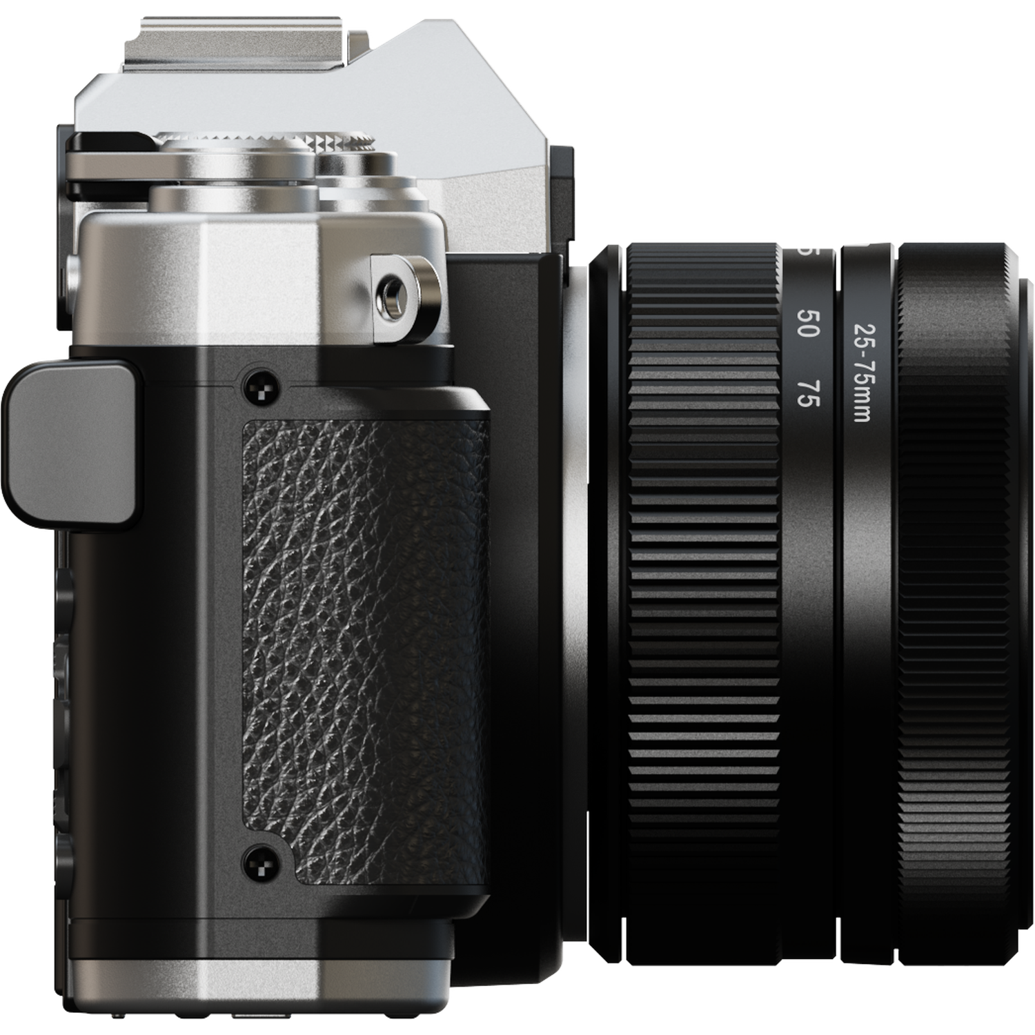 A silver and black camera with a lens. The lens has markings for 25-75mm and numbers 50 and 75. The camera is on a black background.