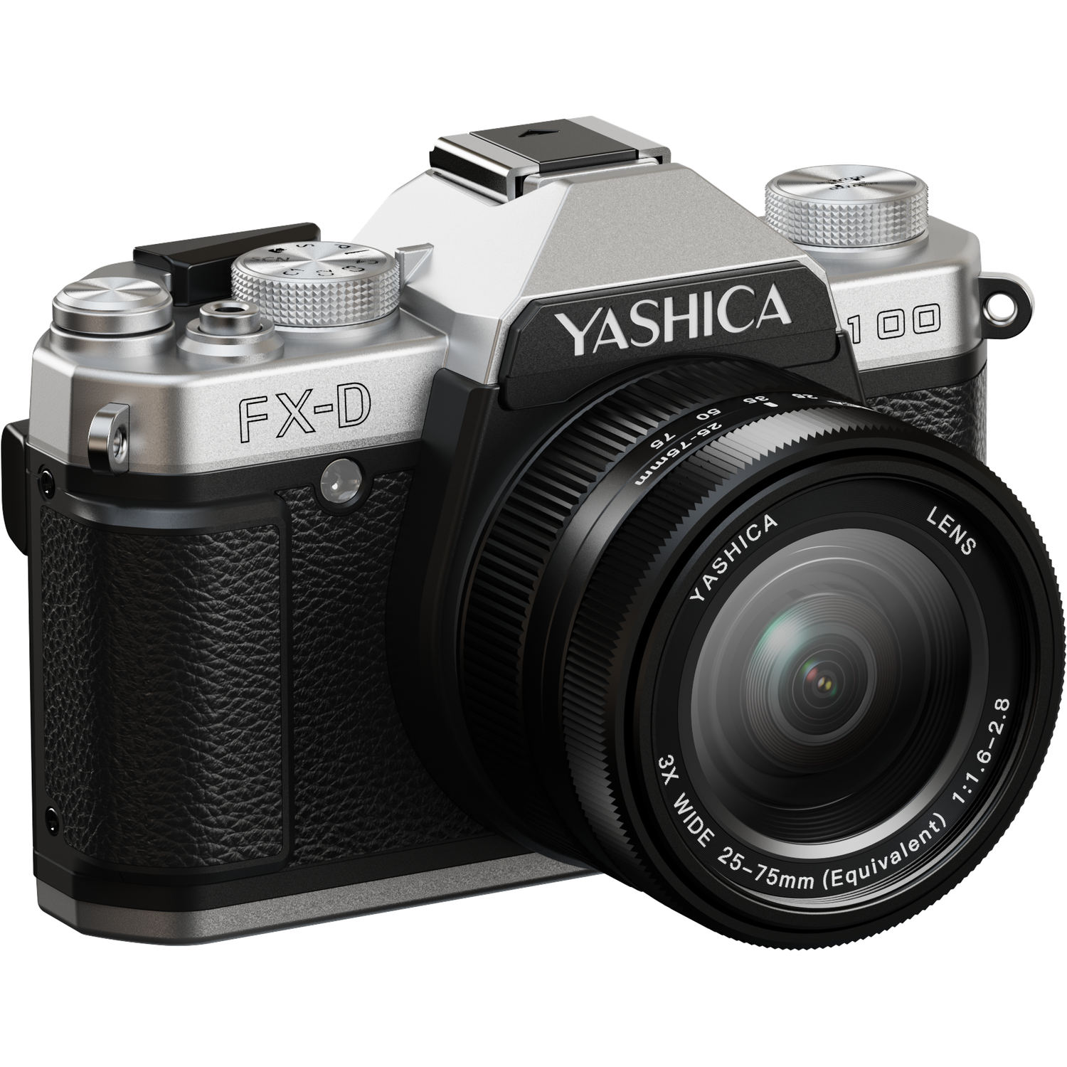 A Yashica FX-D camera with a lens. The body is silver and black, with the brand name visible. The lens has a 25-75mm range.