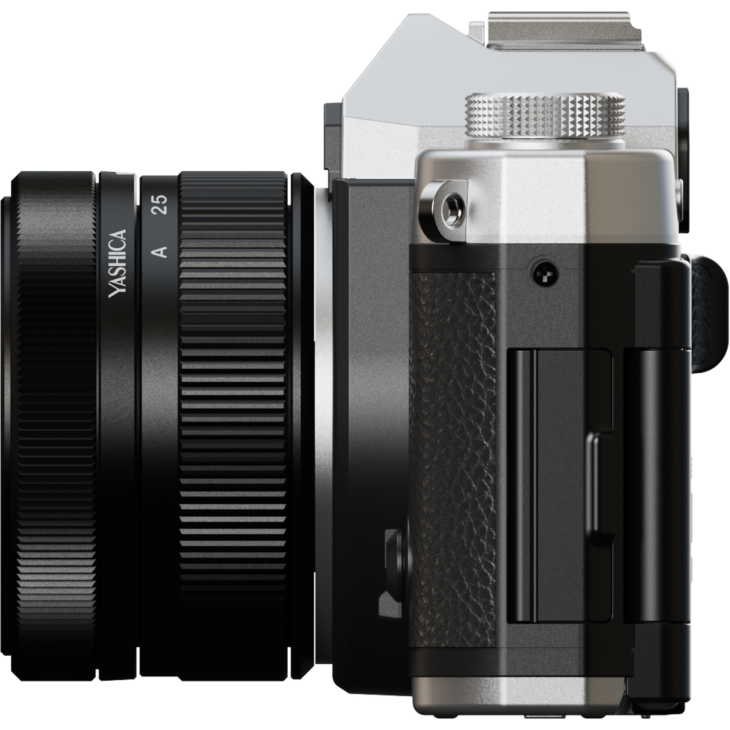 A Yashica camera body and lens are seen from the side. The lens is black, with a silver camera body. The background is black.