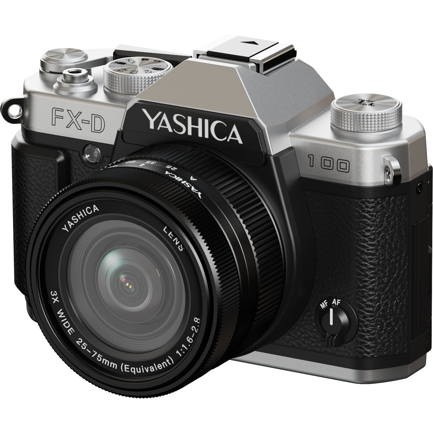 A Yashica FX-D 100 camera with a black lens and silver body. The lens has text including "Yashica" and "25-75mm".