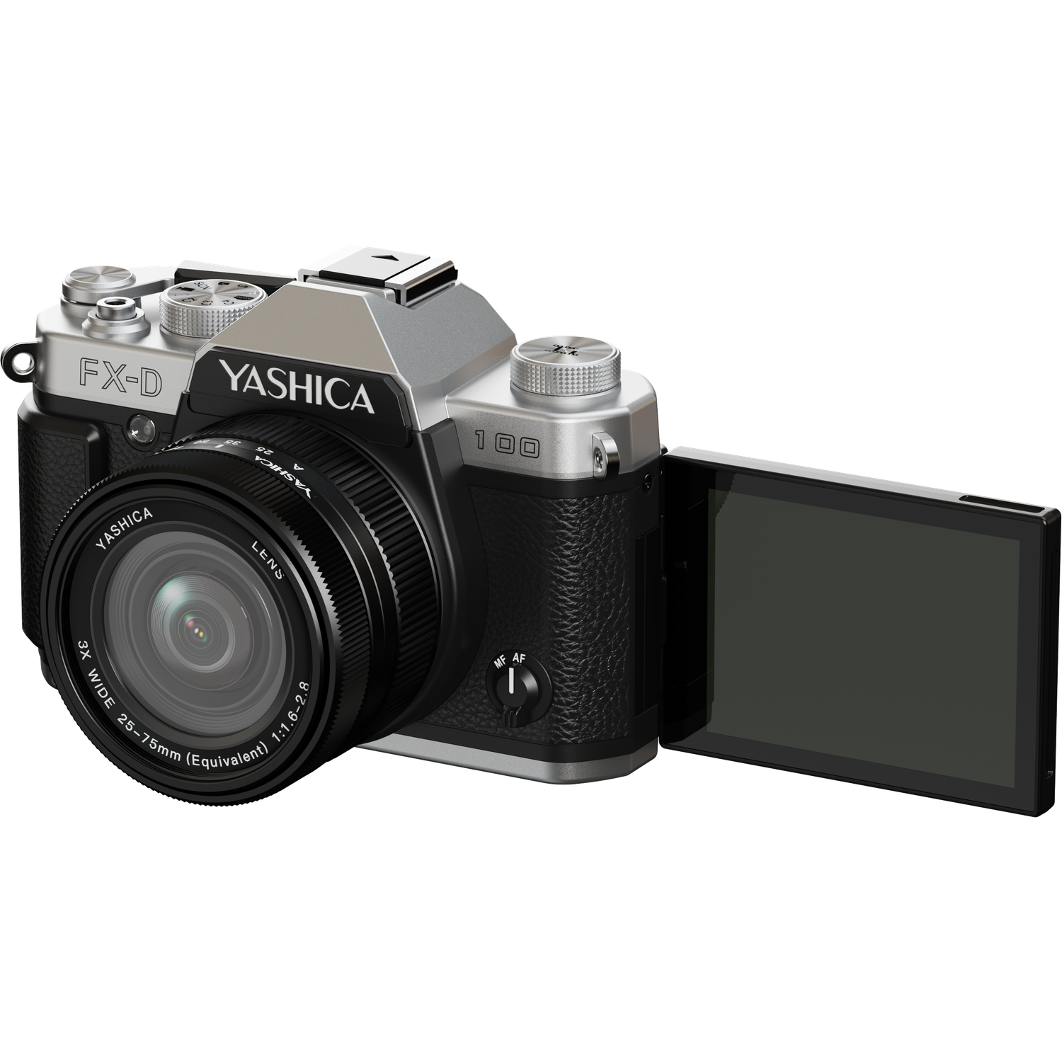 A silver and black Yashica FX-D camera with a lens and an open screen. The lens reads 'Yashica Lens 25-75mm'.