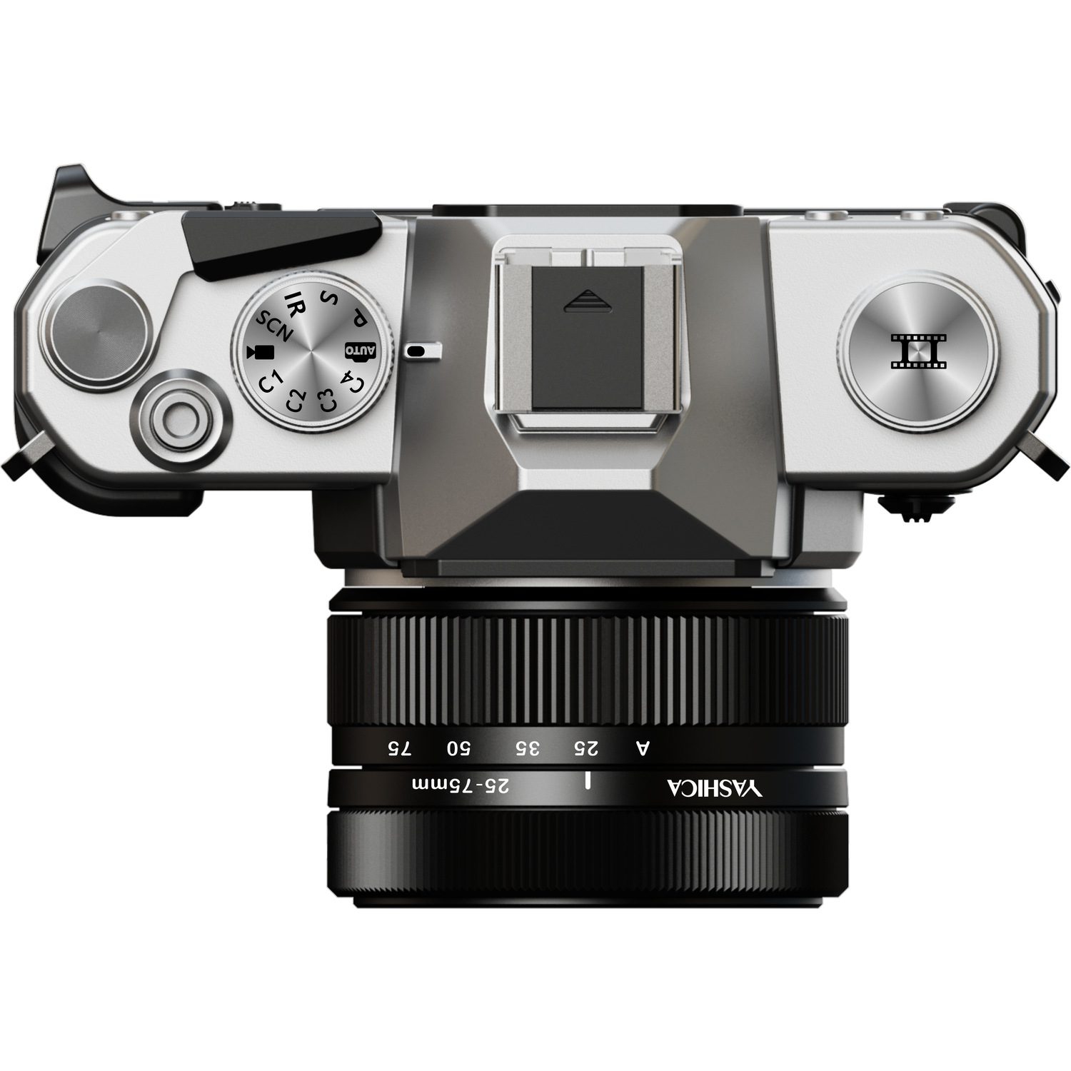 Top view of a silver and black Yashica camera with a lens. Controls and dials are visible, along with focal length markings on the lens.