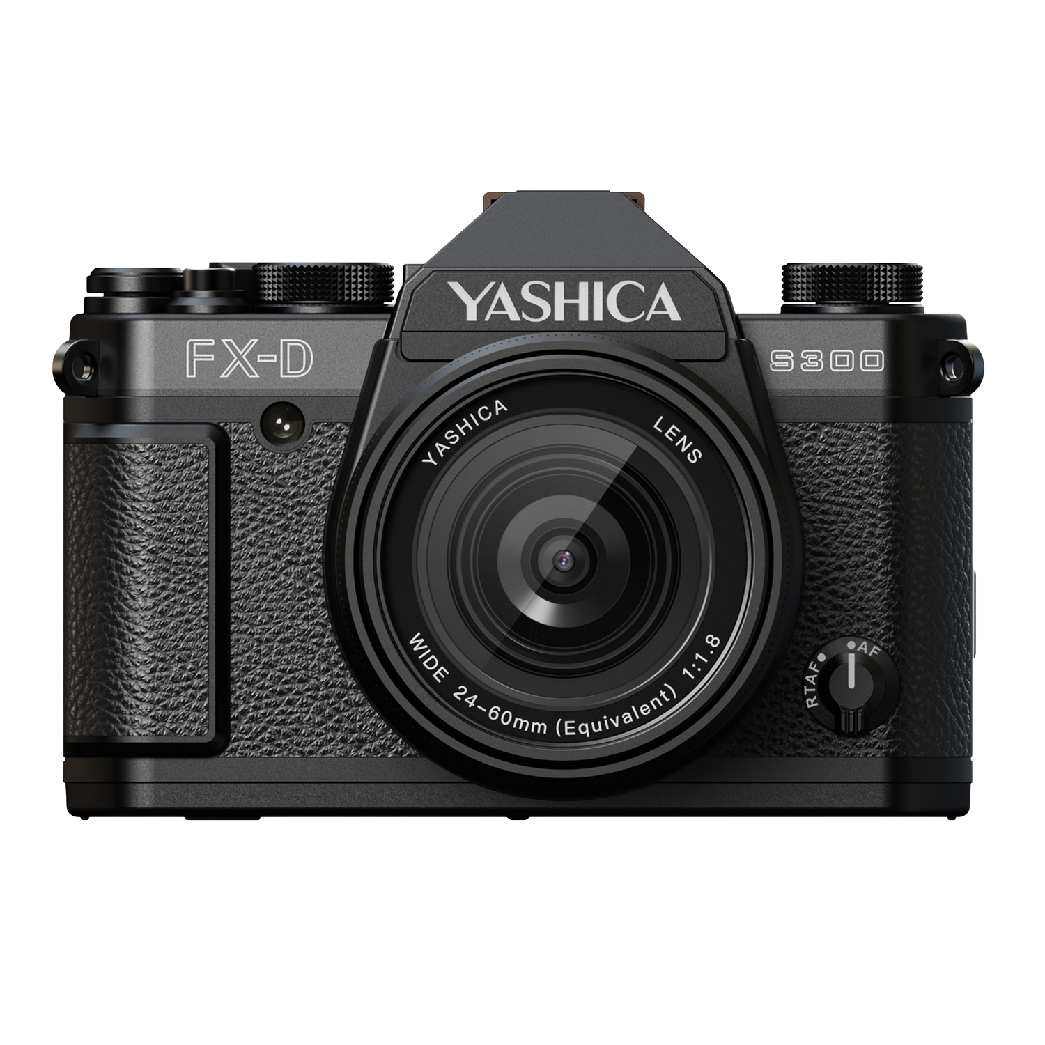 Un appareil photo noir Yashica FX-D S300 avec un objectif. L'appareil affiche le nom de la marque et les détails de l'objectif.