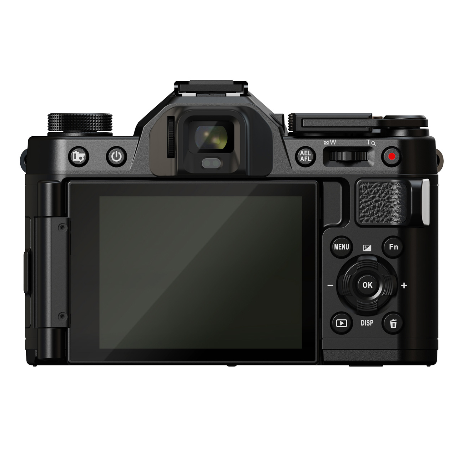 Vue arrière d'un appareil photo numérique noir, avec écran, boutons et molettes. L'appareil est sur fond blanc.