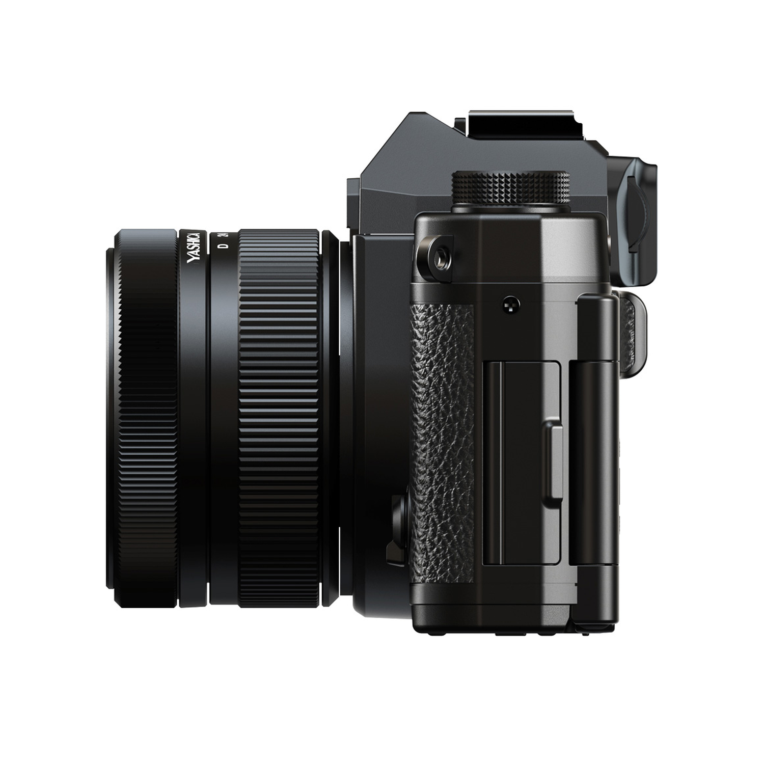 Un appareil photo noir sur fond blanc. L'appareil photo a un objectif et une poignée texturée. L'objectif est étiqueté 'YASHICA'.