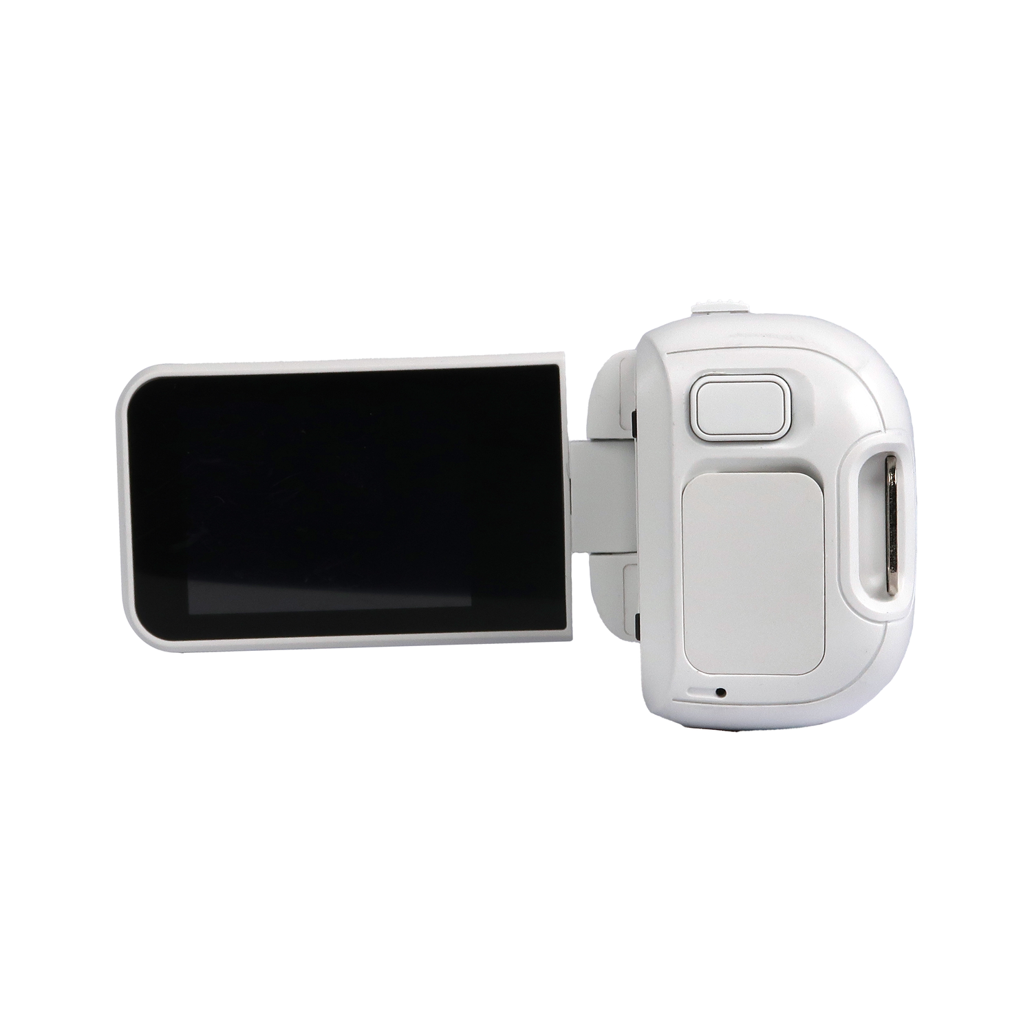 A white video camera with a black screen flipped open to the left side.