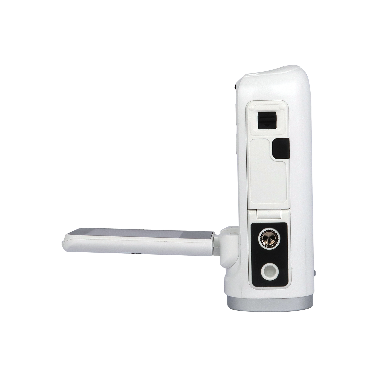 A white device with a protruding arm. It has a screen, buttons, and ports. The background is plain white.