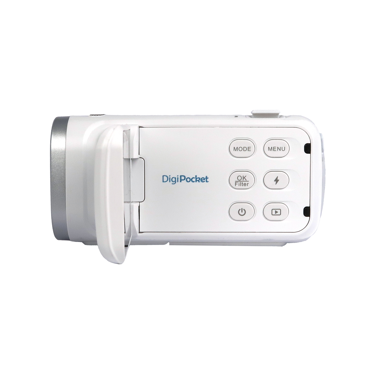 A white DigiPocket camera with buttons labeled 'MODE', 'MENU', 'OK', 'Filter', power, and a play button. The lens cover is open.