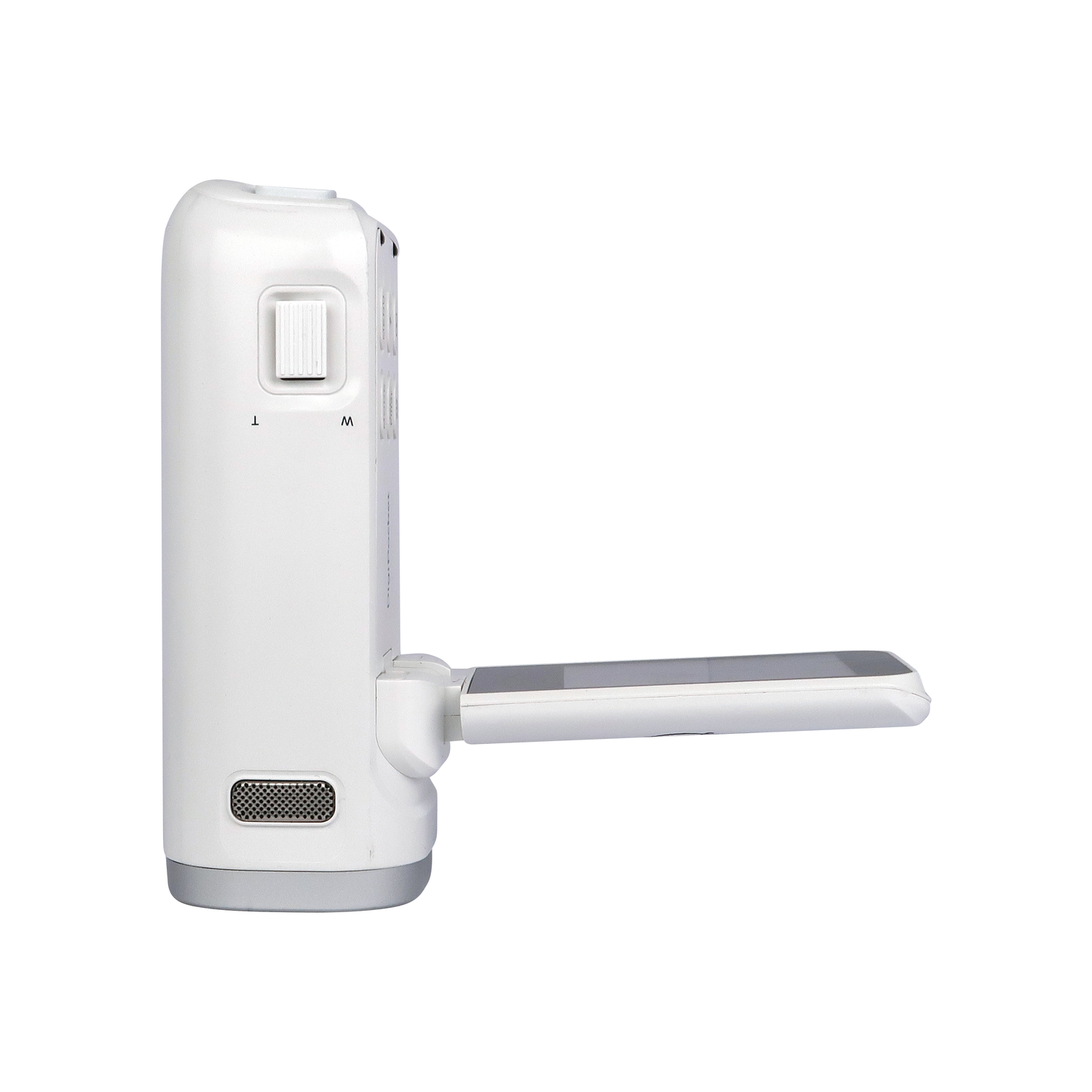A white baby monitor with a screen extended. It has buttons and a speaker. The background is plain white.
