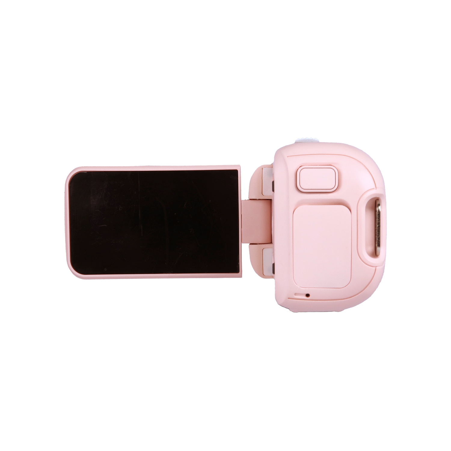 A pink digital camera with an open screen. The screen is black. The background is white.