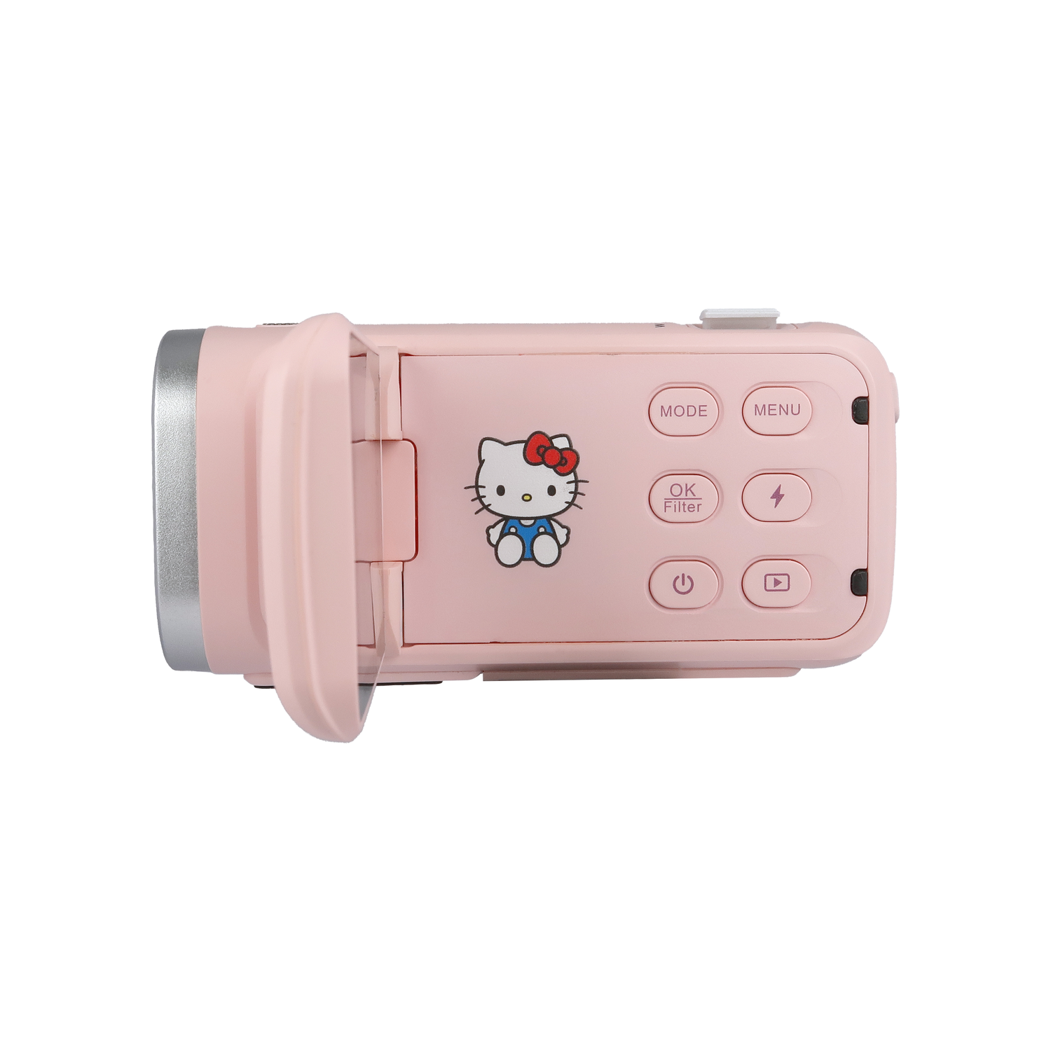 A pink Hello Kitty video camera is shown. It has buttons and a lens. The camera is on a white background.