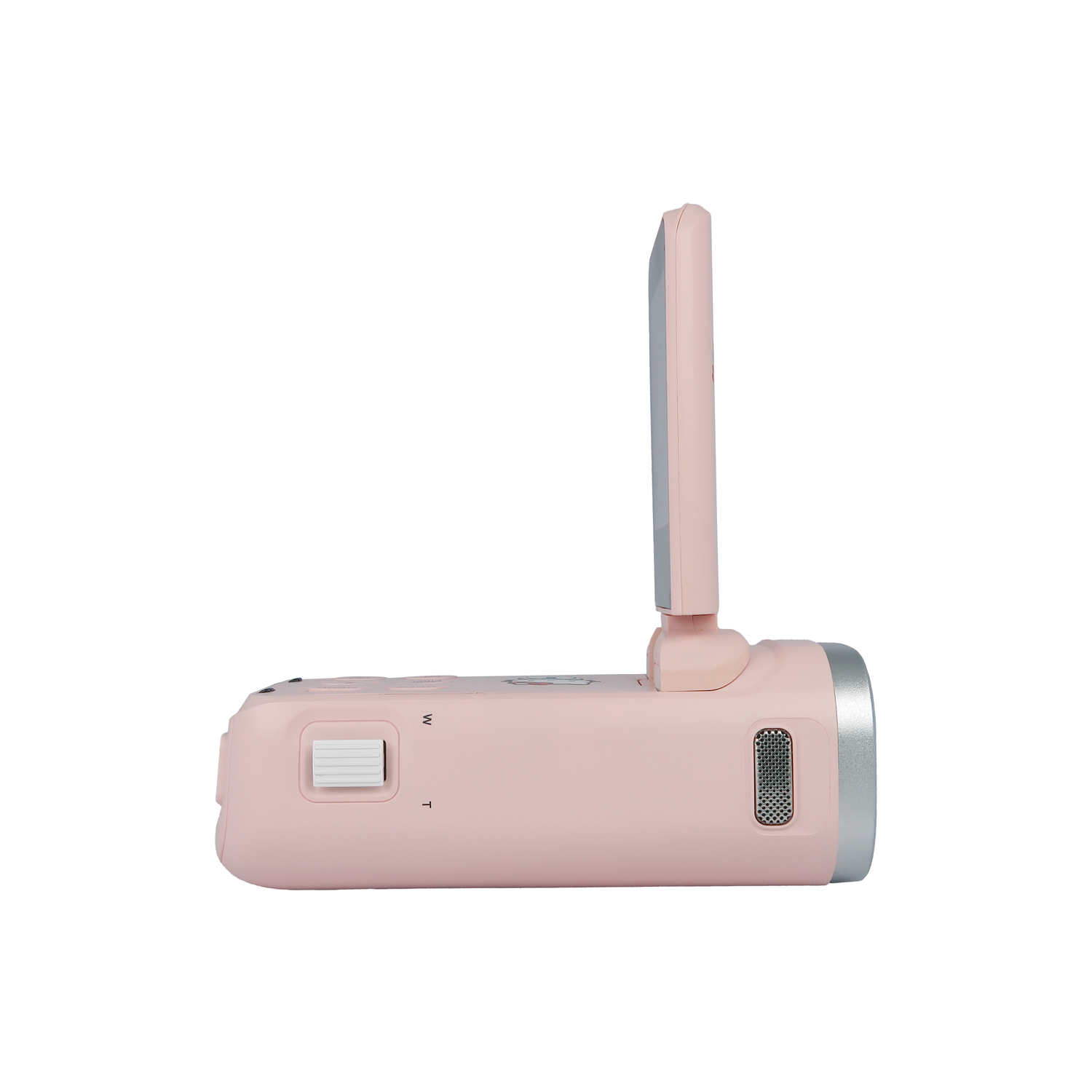 A pink video camera is shown in profile against a white background. The screen is open, and there are buttons visible.