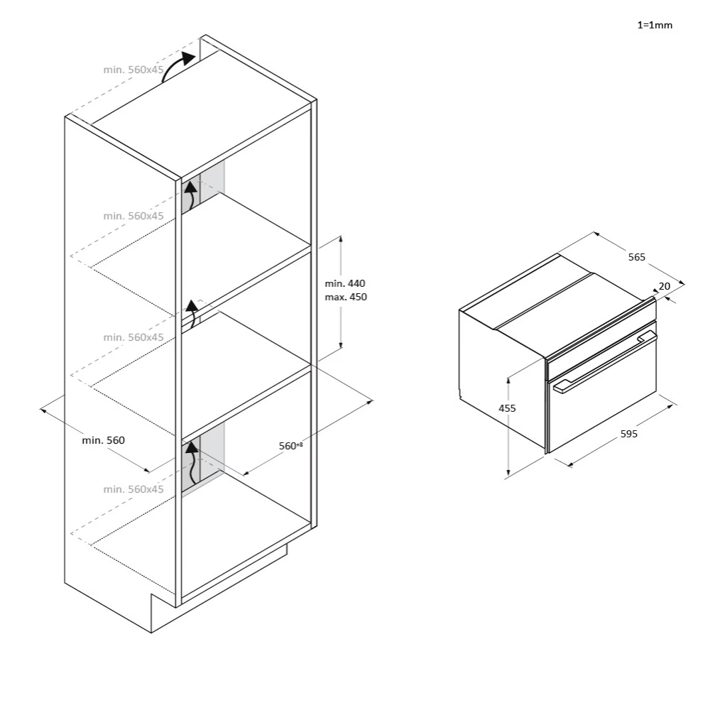 Szekrény diagramja sütő méretekkel. A szekrény polcokkal rendelkezik. A sütő méretei 595x565x455 mm.