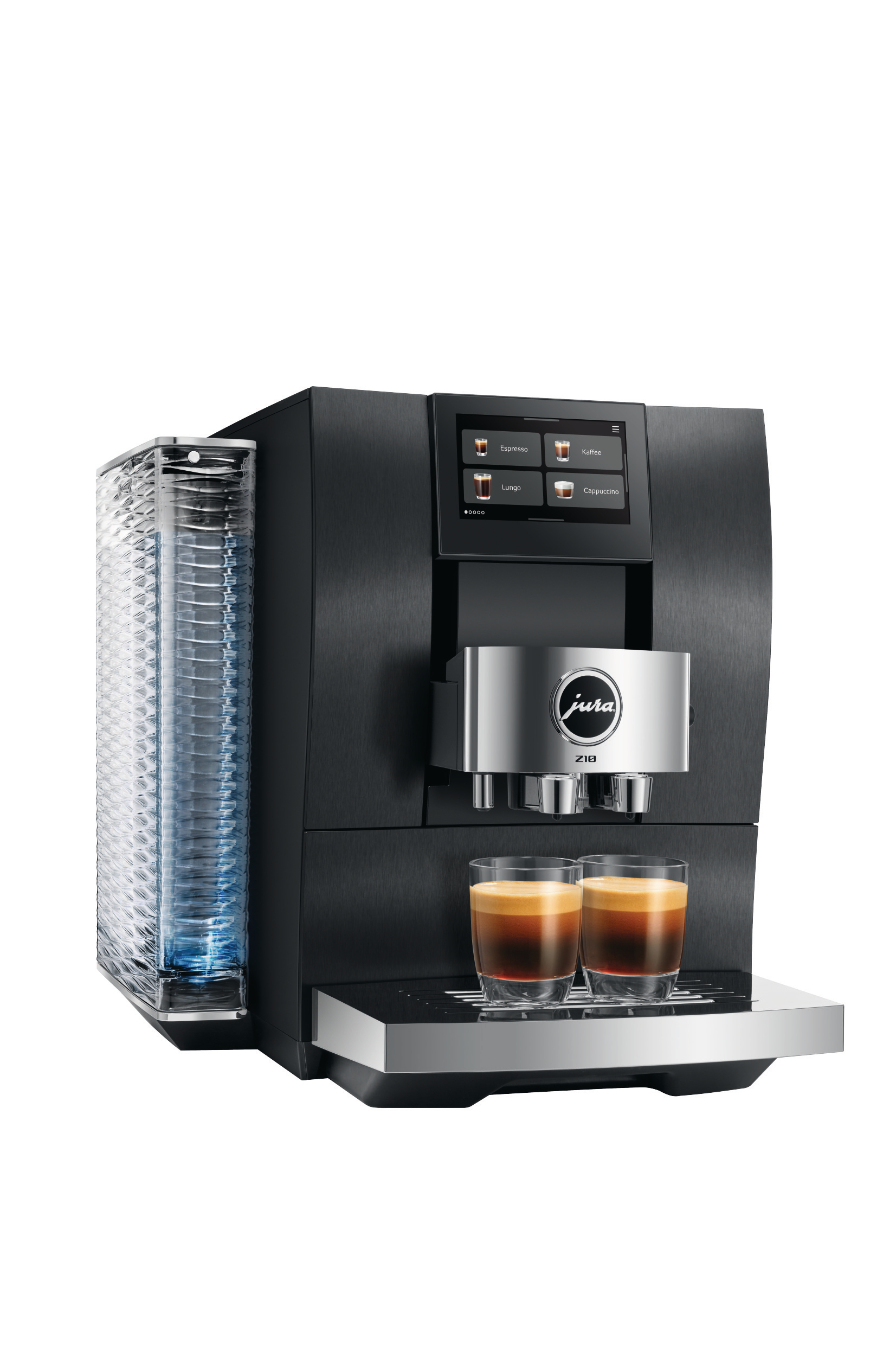 Eine schwarze Jura Z10 Kaffeemaschine mit zwei Espresso-Shots in Gläsern. Sie hat einen Wasserbehälter.