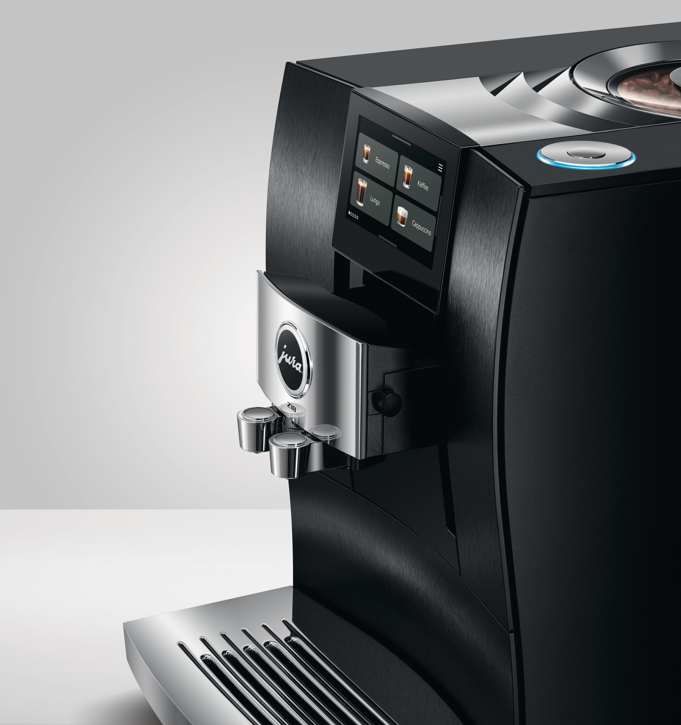 Eine schwarz-silberne Jura-Kaffeemaschine mit Touchscreen und einem Kaffeeauswahlmenü.