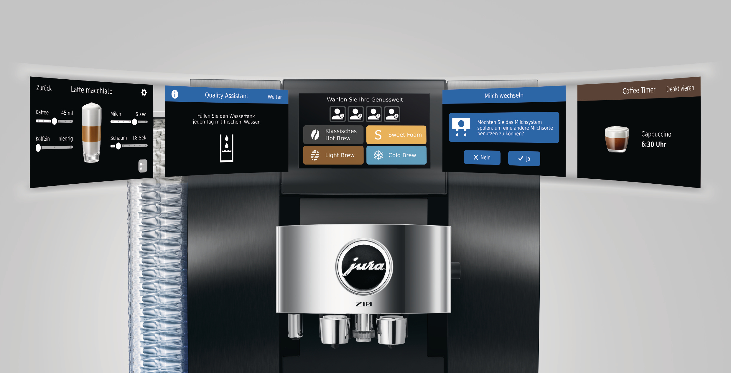 Eine Jura Z10 Kaffeemaschine mit mehreren Bildschirmen, die Optionen zur Kaffeeanpassung und -einstellungen zeigen.