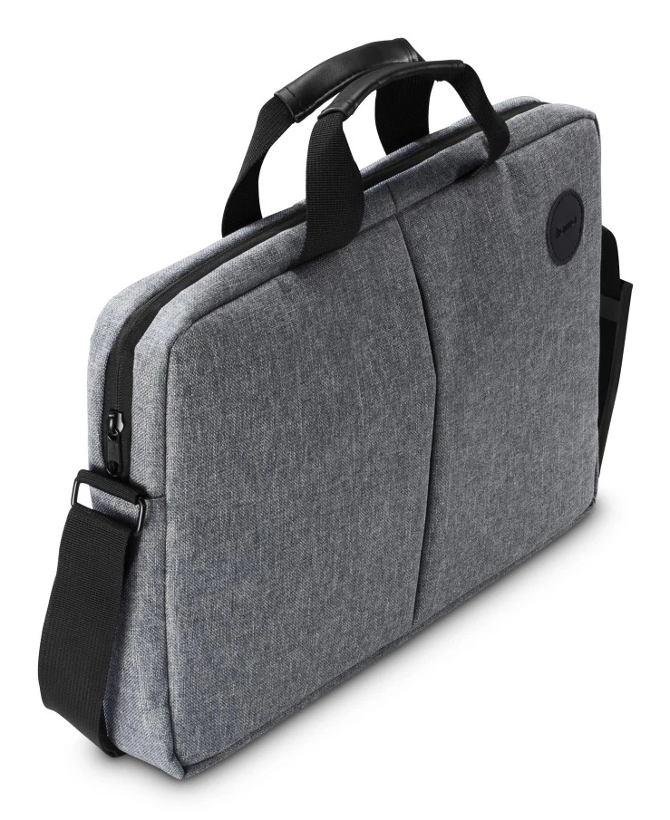 Bolso gris para portátil con asas y correa negras. Tiene una cremallera y un pequeño logo. El fondo es blanco.
