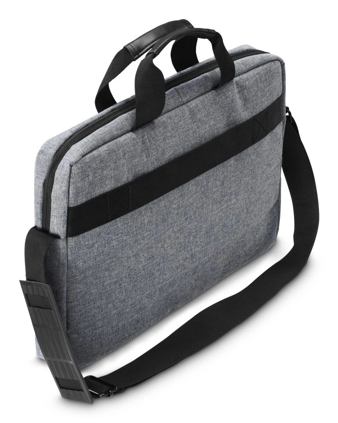 Una bolsa gris para portátil con detalles en negro. Tiene asa, bandolera y una franja negra en la parte delantera. Sobre un fondo blanco.