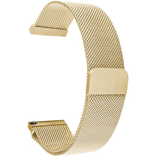 Una correa de reloj de malla dorada. Es curvada, con conectores rectangulares en cada extremo y un cierre rectangular.