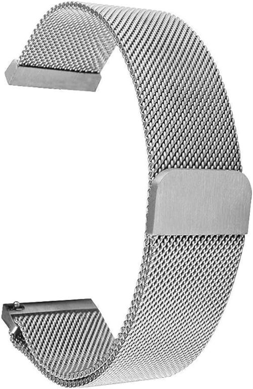 Una correa de reloj de metal plateado. Es un diseño de malla con cierres rectangulares en cada extremo. El fondo es blanco liso.