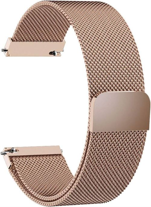 Una correa de reloj de oro rosa. Es de estilo malla, con cierre magnético. La correa está ligeramente curvada.
