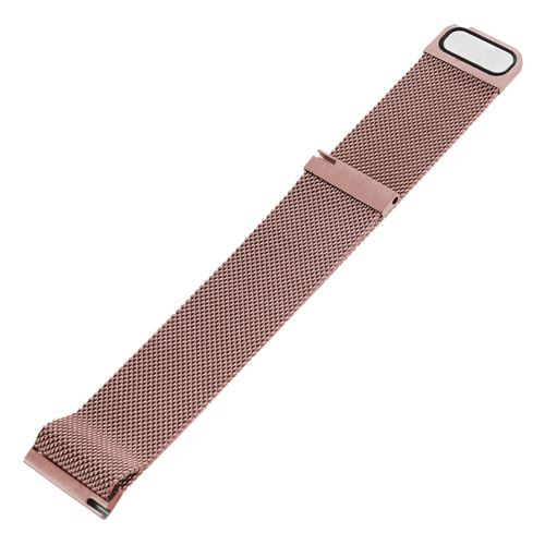 Una correa de reloj de malla de oro rosa se encuentra diagonalmente sobre un fondo blanco. Tiene un cierre y un extremo rectangular con una incrustación blanca.