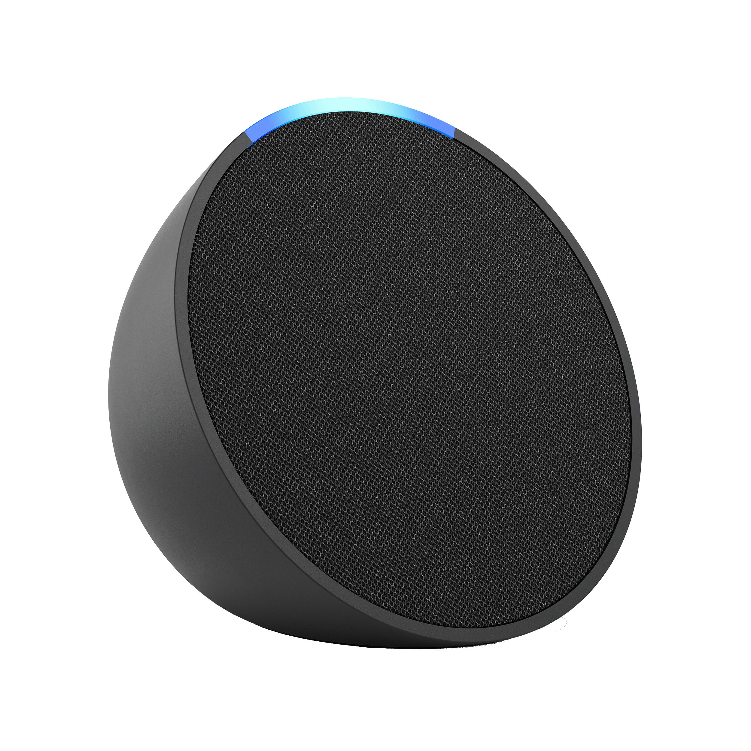 Un altavoz inteligente negro y esférico con frontal de malla. Una luz azul brilla en la parte superior. El fondo es negro.