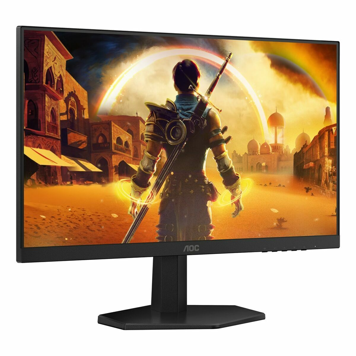 El monitor AOC muestra una escena de fantasía. Una figura con una espada está frente a una ciudad desértica con un arcoíris.