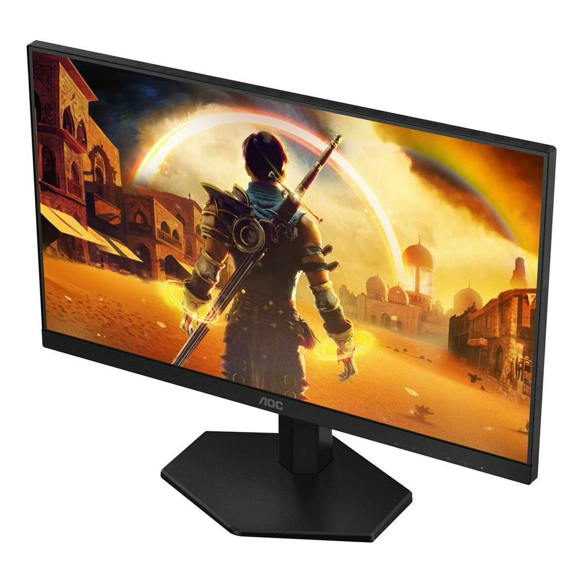El monitor AOC muestra una escena desértica con un guerrero. El monitor tiene un soporte y marco negro. El fondo muestra edificios y un arcoíris.