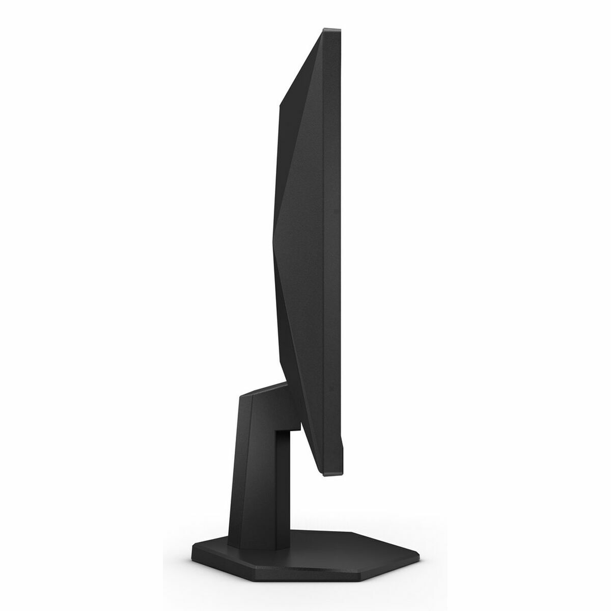 Un monitor de computadora negro de lado. Está sobre un soporte y la pantalla mira a la izquierda. El fondo es blanco.