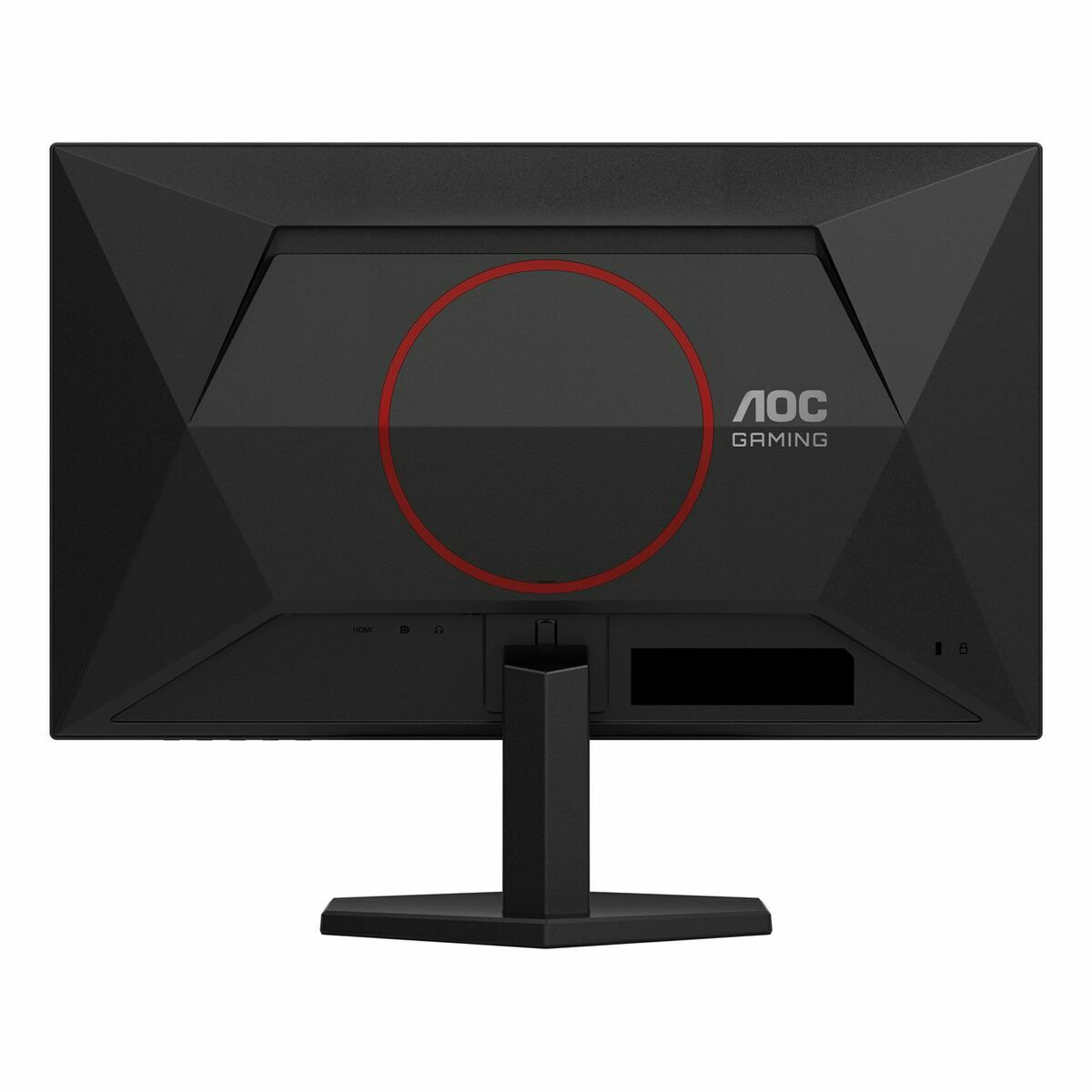Monitor de juegos AOC negro. Anillo y logotipo rojos. Puertos HDMI y soporte en la parte inferior. Diseño geométrico angular en la parte posterior.