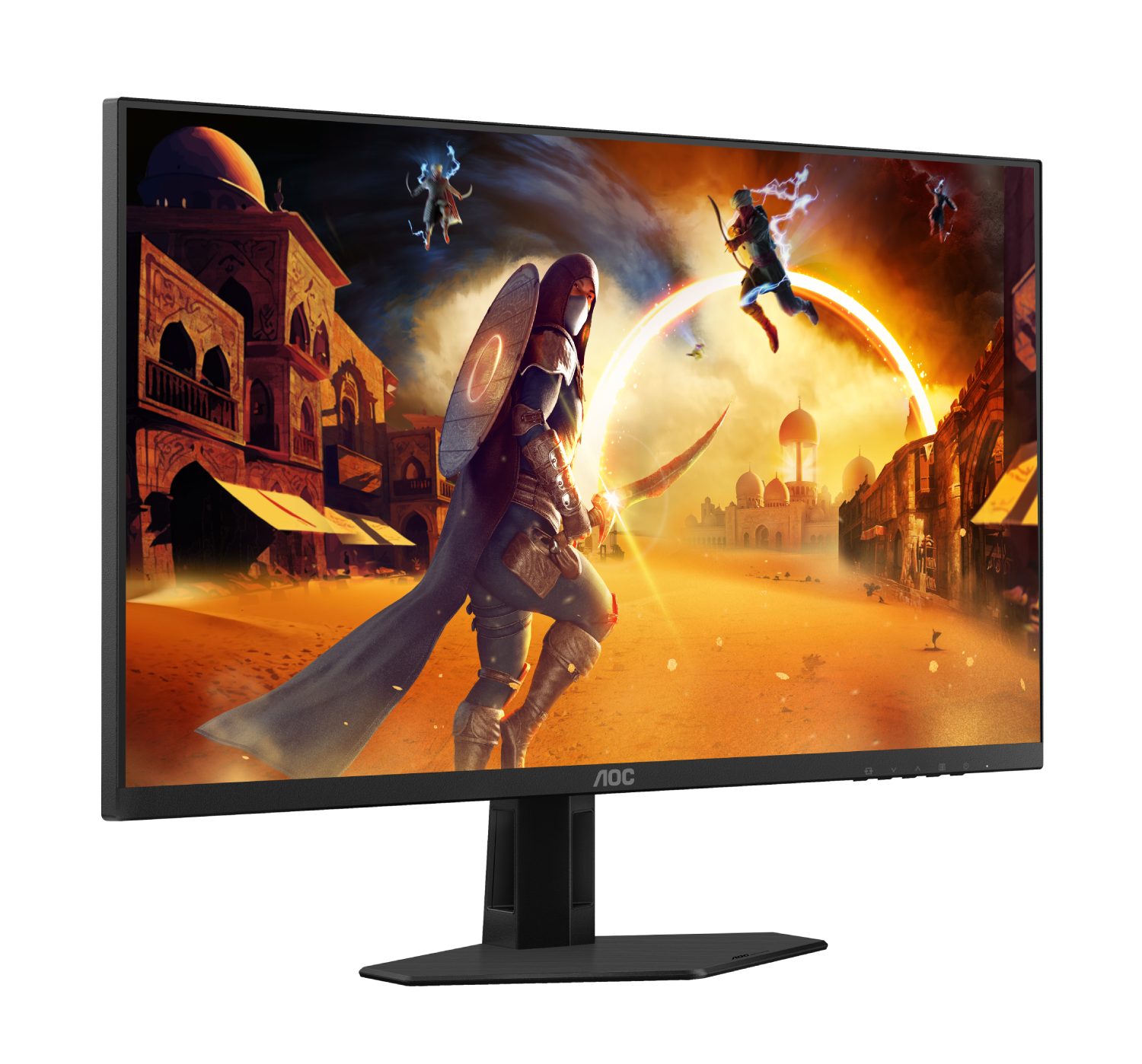 Monitor AOC que muestra una escena de fantasía. Un guerrero con escudo y espada, figuras volando y una ciudad desértica.