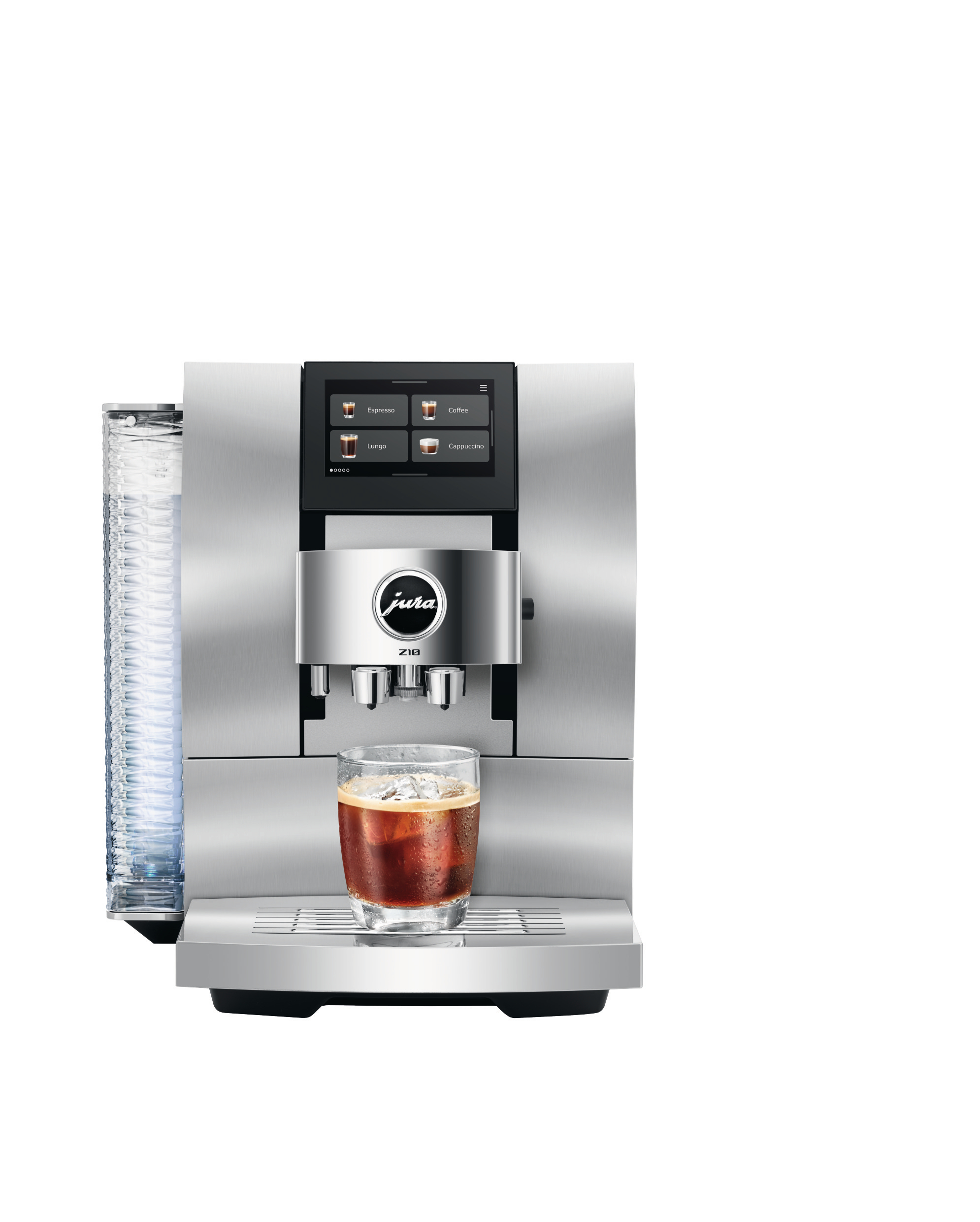 Silberne Jura Z10 Kaffeemaschine. Ein Glas Eiskaffee steht unter den Ausläufen. Touchscreen-Display zeigt Kaffeeoptionen.