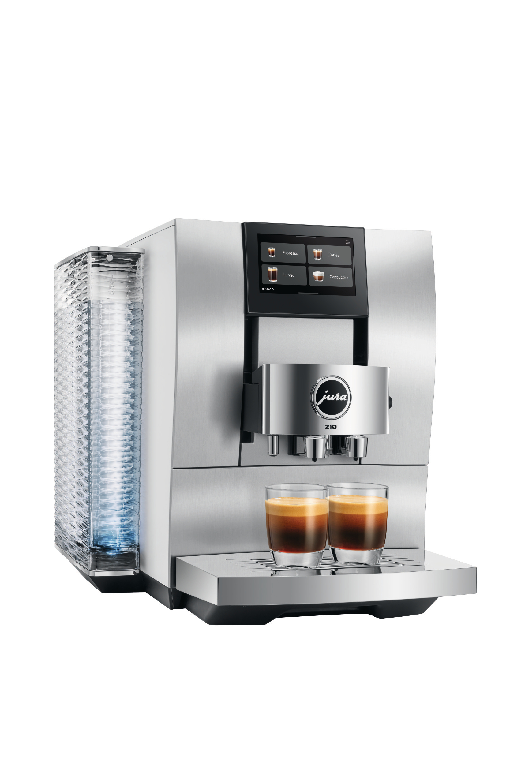 Eine silberne Jura Z10 Kaffeemaschine mit zwei Espresso-Shots in Gläsern. Sie hat einen Touchscreen und einen Wasserbehälter.