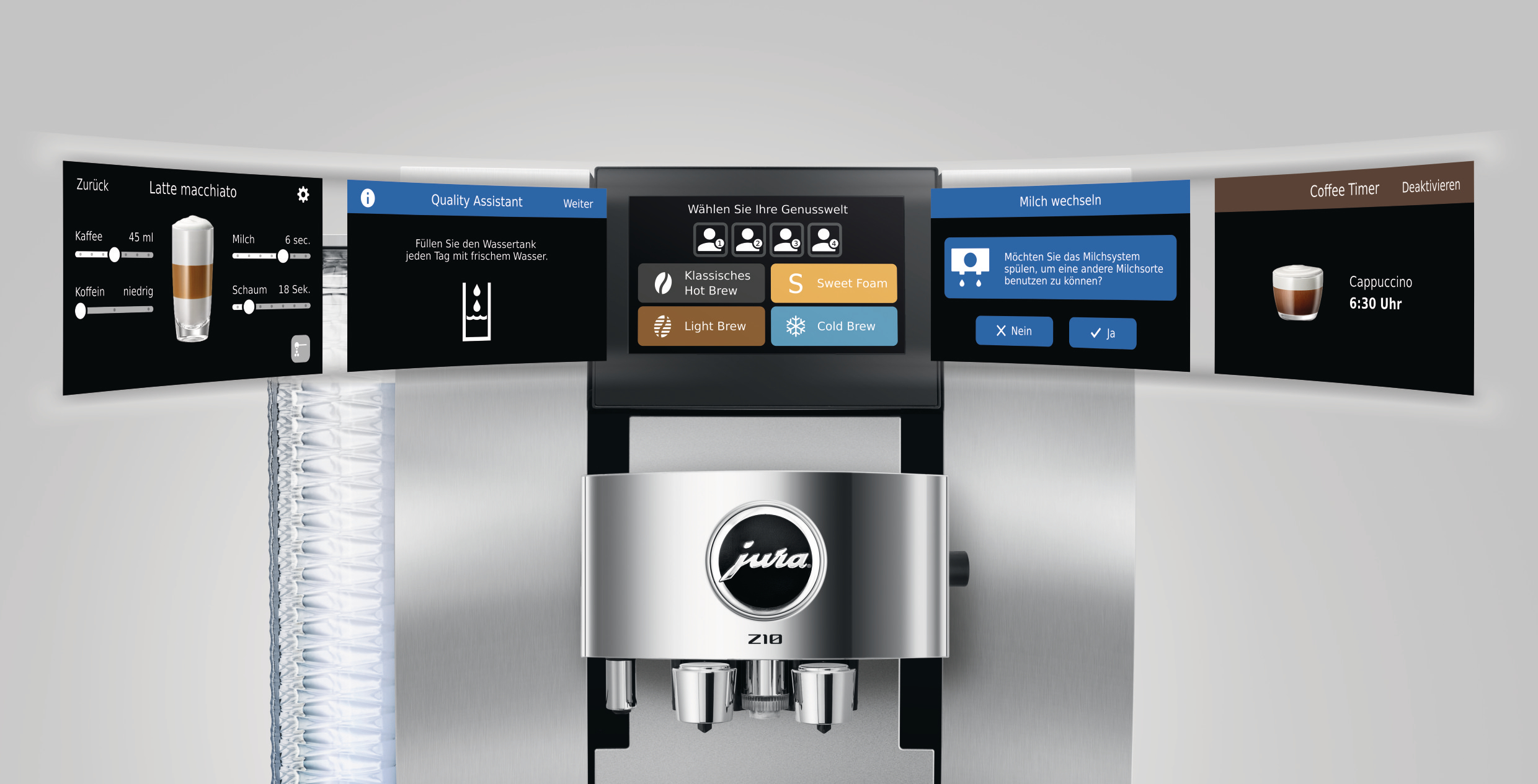 Eine Kaffeemaschinenschnittstelle zeigt Latte Macchiato-Einstellungen, Optionen für Kaffeearten und einen Timer für Cappuccino an.