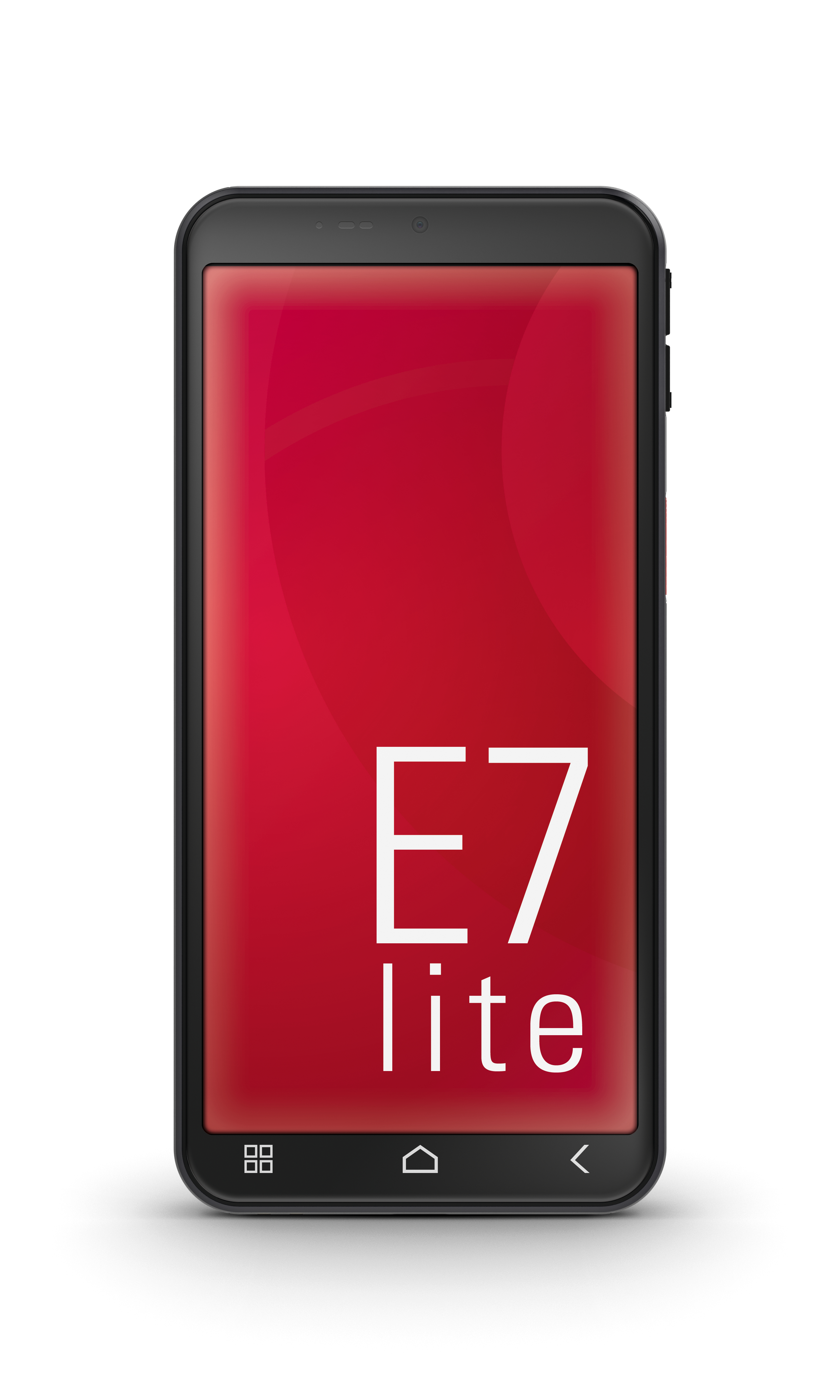 Ein schwarzes Smartphone mit rotem Bildschirm, auf dem "E7 lite" steht. Das Telefon liegt auf einer weißen Oberfläche.