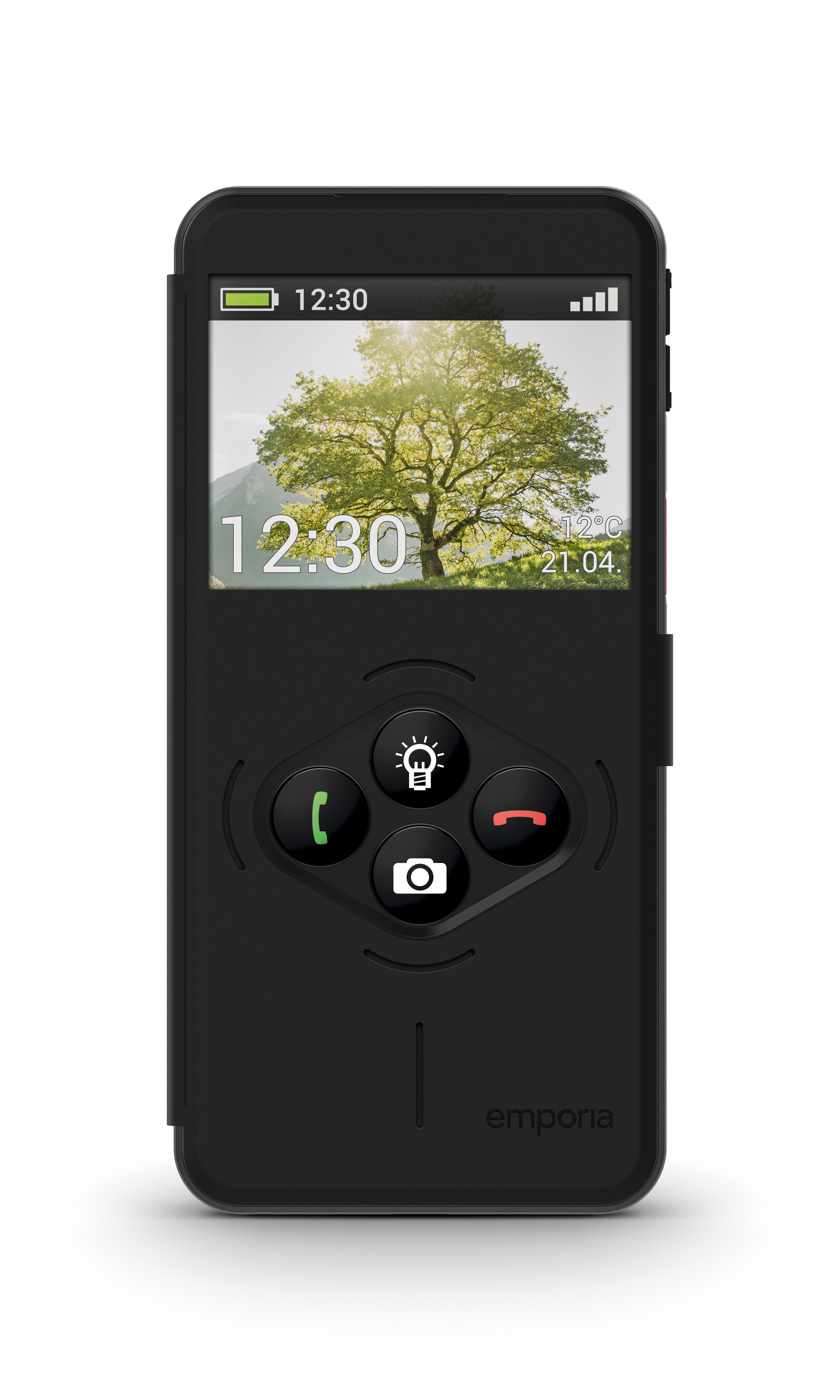 Ein schwarzes Emporia-Telefon zeigt eine Landschaft mit einem Baum. Es hat eine Ruftaste, Kamera, Taschenlampe und Anruf beenden.