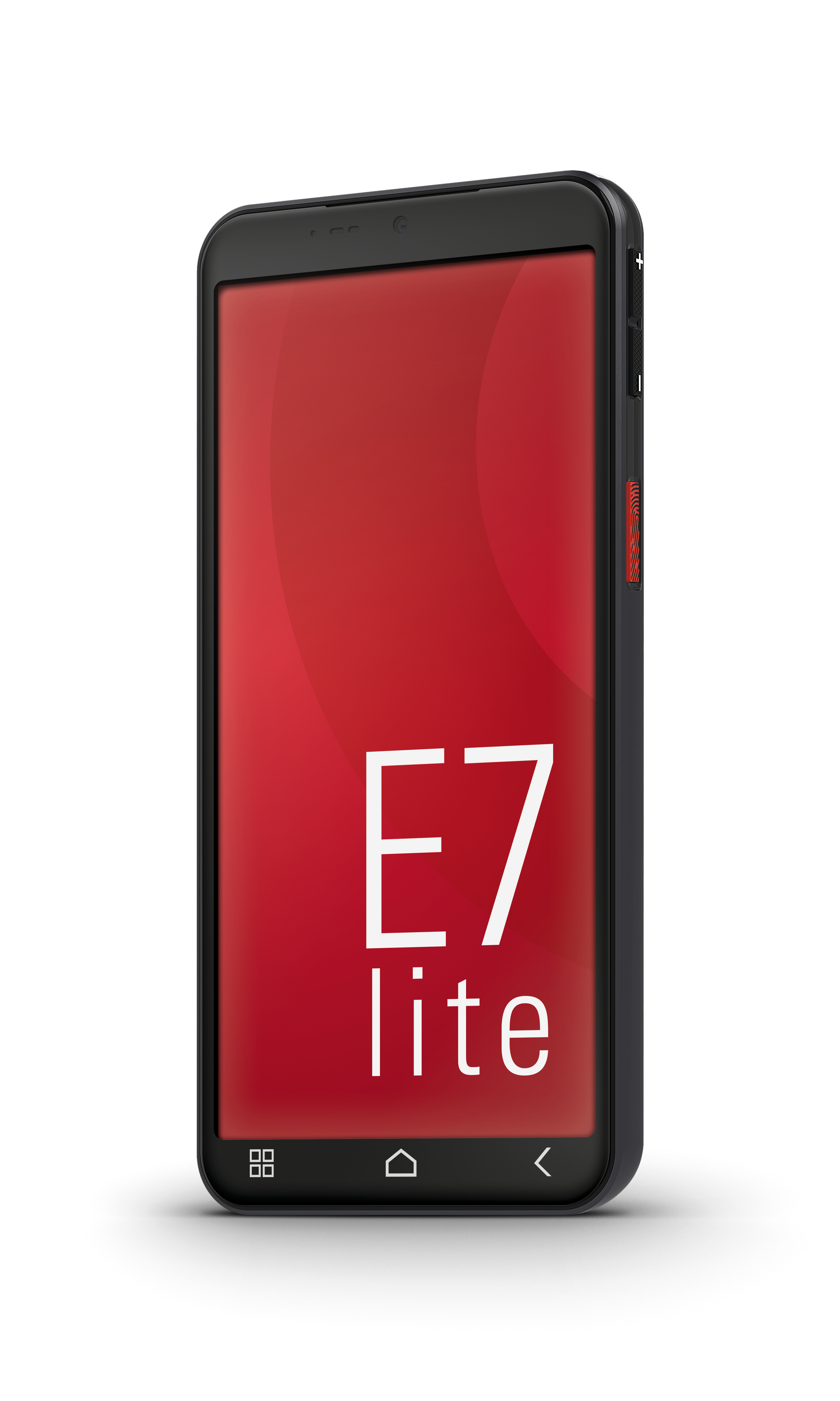 Ein schwarzes Smartphone mit rotem Bildschirm, auf dem "E7 lite" steht. Tasten und Kamera sind sichtbar. Das Telefon ist auf weißem Grund.