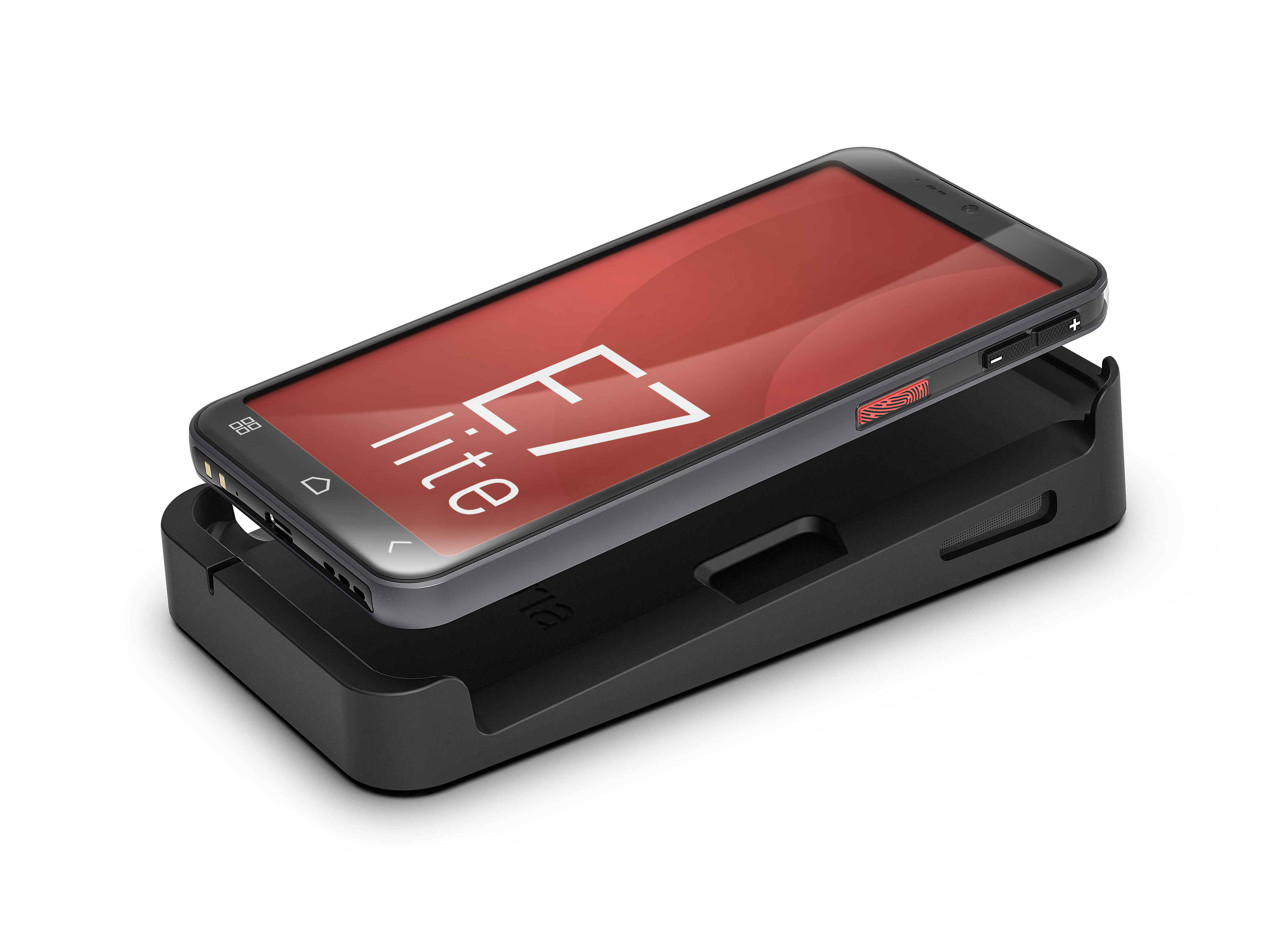 Ein schwarzes Smartphone mit rotem Bildschirm mit 'E7 lite' liegt auf einer passenden schwarzen Basis, vor weißem Hintergrund.