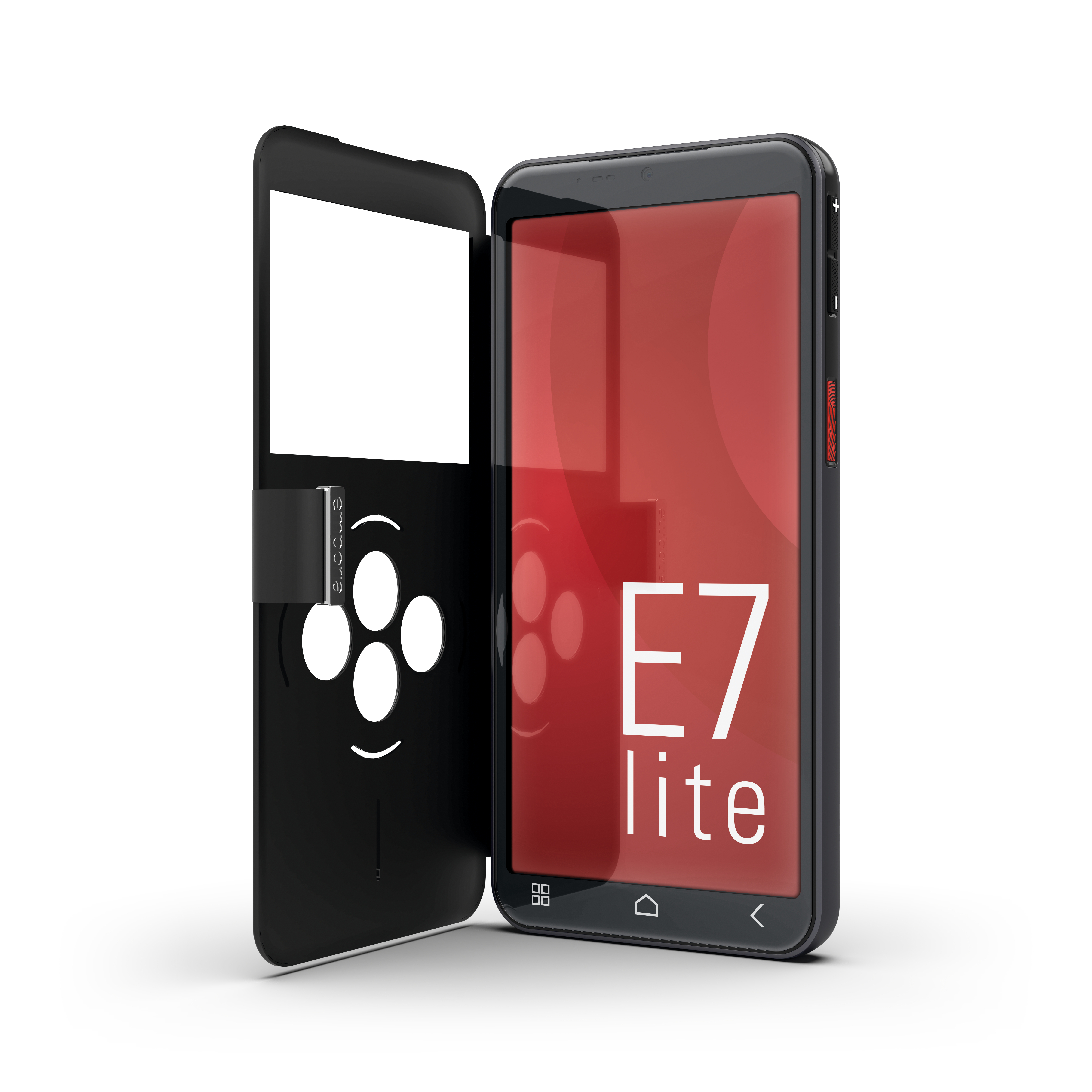 Schwarzes Smartphone mit rotem Bildschirm mit 'E7 lite'. Eine schwarze Hülle ist links geöffnet und zeigt Weiß.