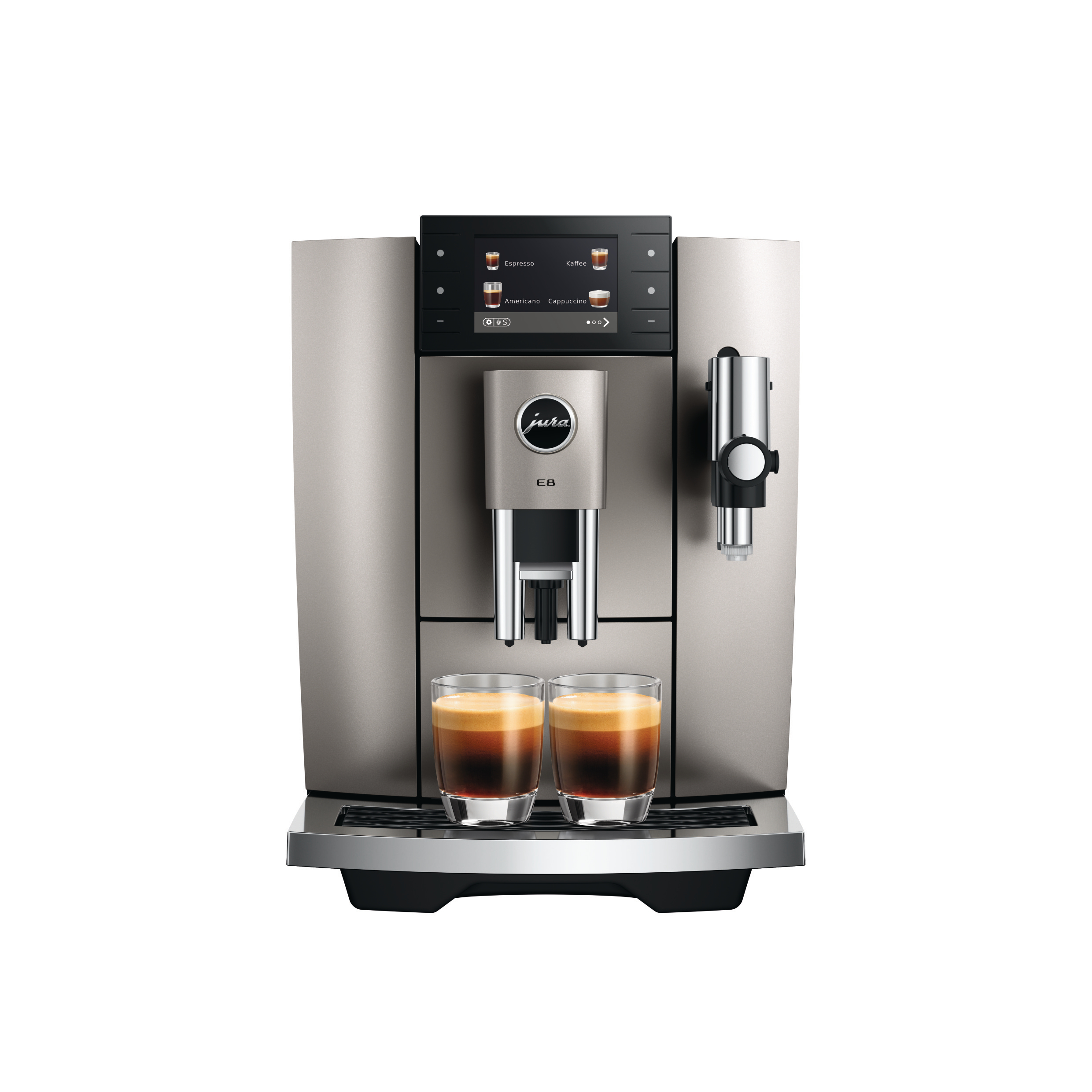 Eine silberne Jura E8 Kaffeemaschine mit zwei Espressotassen. Die Maschine hat einen Bildschirm und einen silbernen Ausguss.