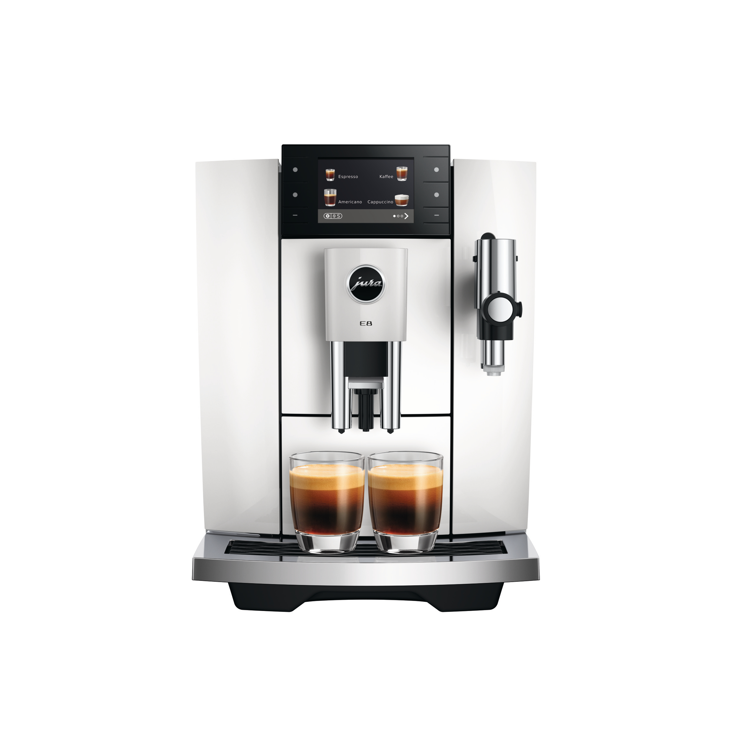 Weiße Jura E8 Kaffeemaschine mit zwei Espressogläsern. Ein Bildschirm zeigt Kaffeeoptionen. Silberner Auslauf und Sockel.