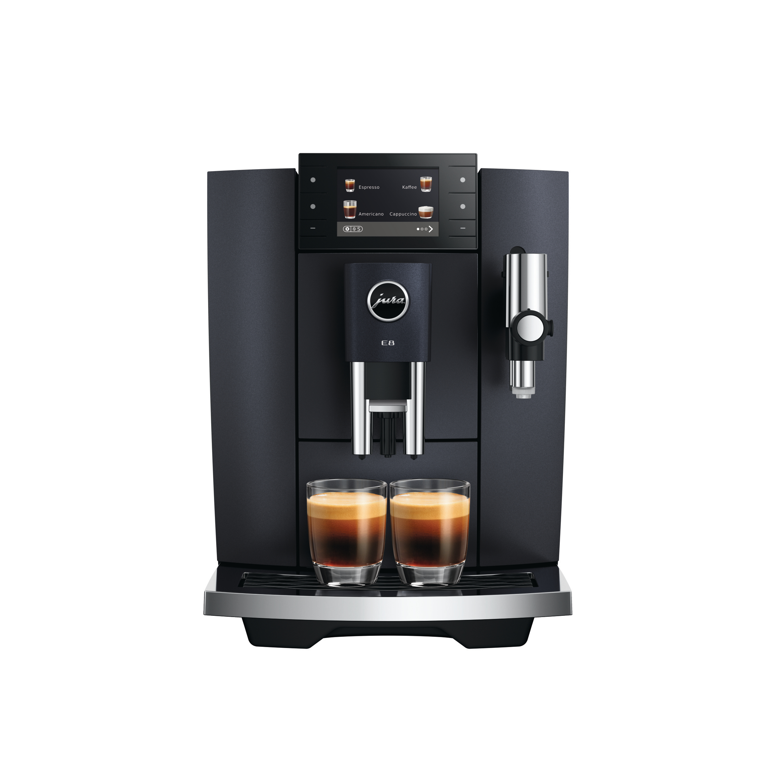 Eine schwarze Jura E8 Espressomaschine mit zwei Kaffeegläsern. Ein Bildschirm zeigt Kaffeeoptionen an. Weißer Hintergrund.