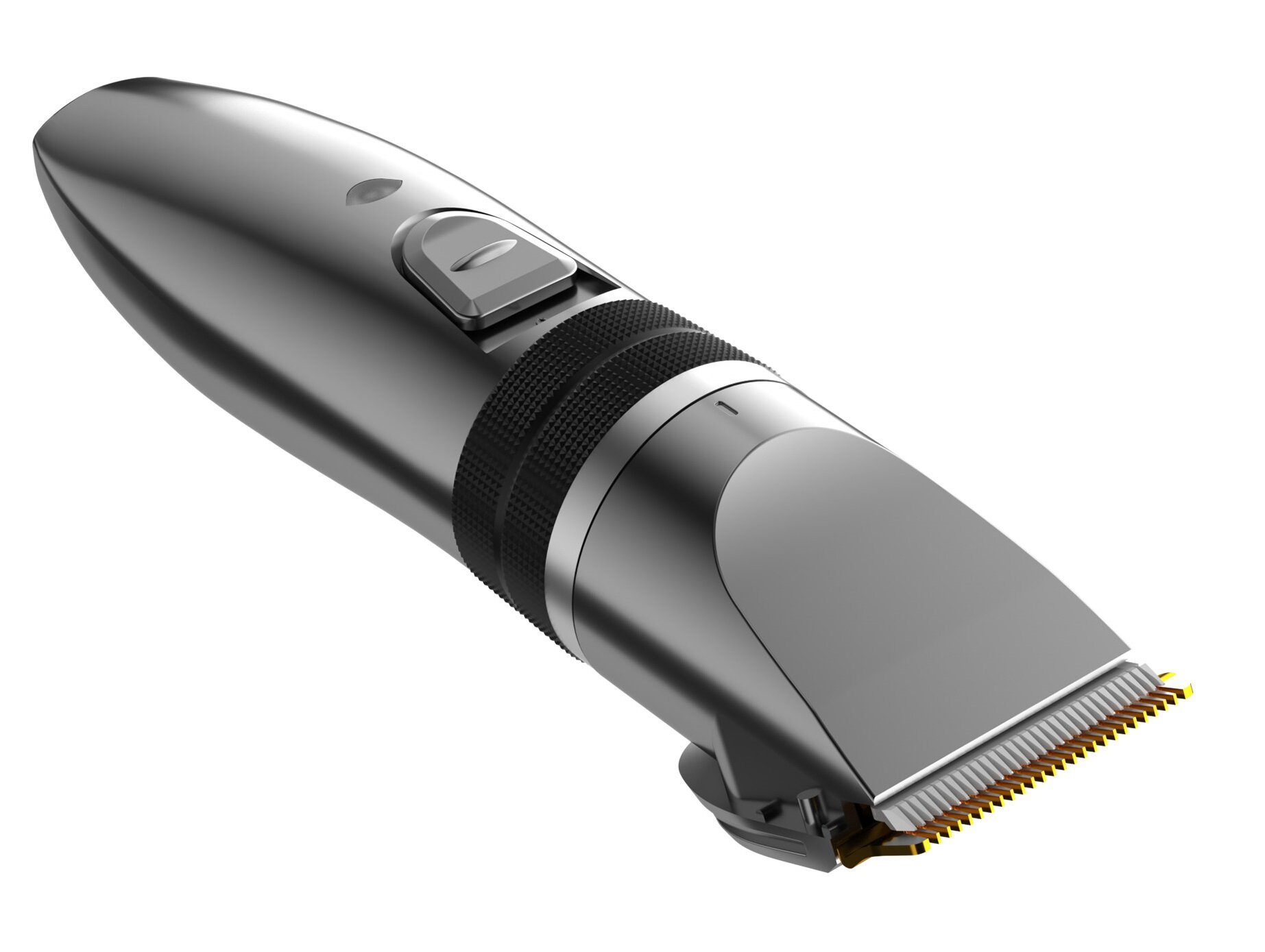 Srebrna elektryczna maszynka do włosów na białym tle. Ma czarny uchwyt i złote ostrze. Design jest elegancki i nowoczesny.