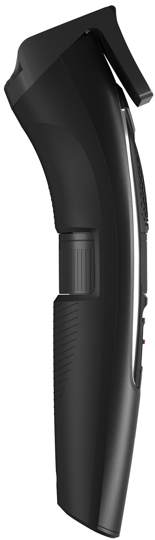 Czarna elektryczna maszynka do włosów pokazana z profilu. Maszynka ma zaokrąglony kształt z pokrętłem i czerwonym przyciskiem.