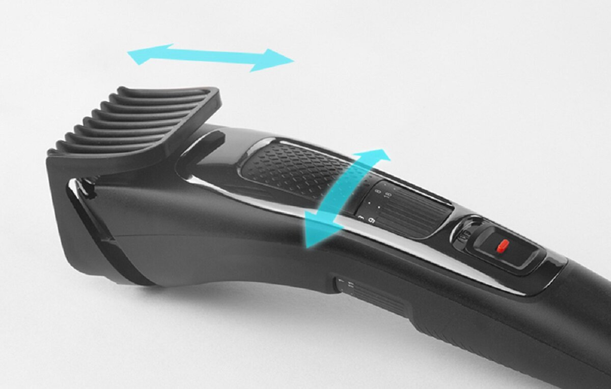 Czarna maszynka do włosów z regulowaną osłoną i numerami. Strzałki wskazują regulację osłony i ustawień oraz czerwony przycisk zasilania.