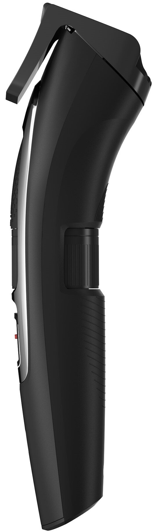 Czarna elektryczna maszynka do włosów. Ma dźwignię, srebrną osłonę ostrza i czarny korpus. Białe tło.