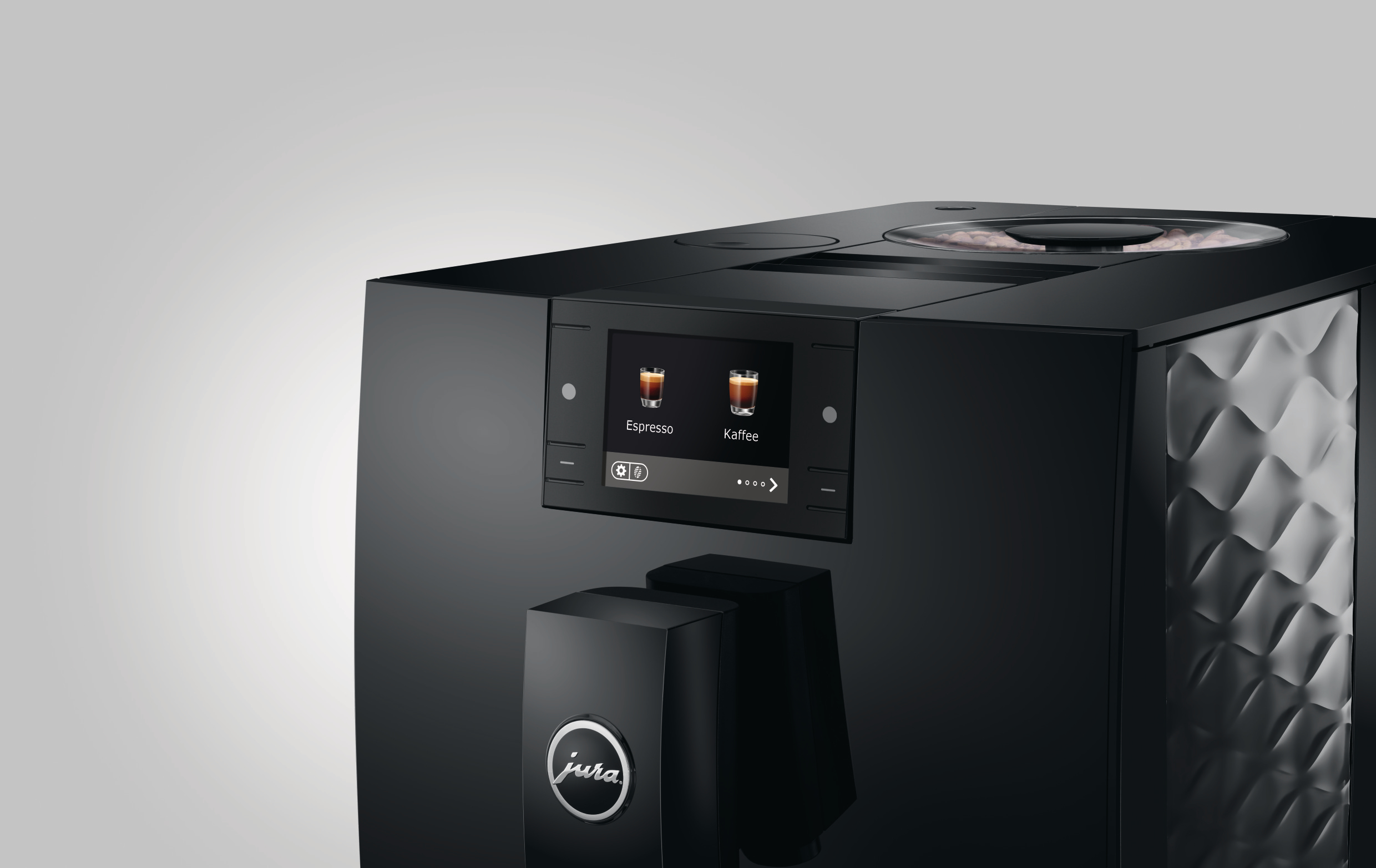 Eine schwarze Jura-Kaffeemaschine. Es hat einen Bildschirm mit Espresso- und Kaffeeoptionen.