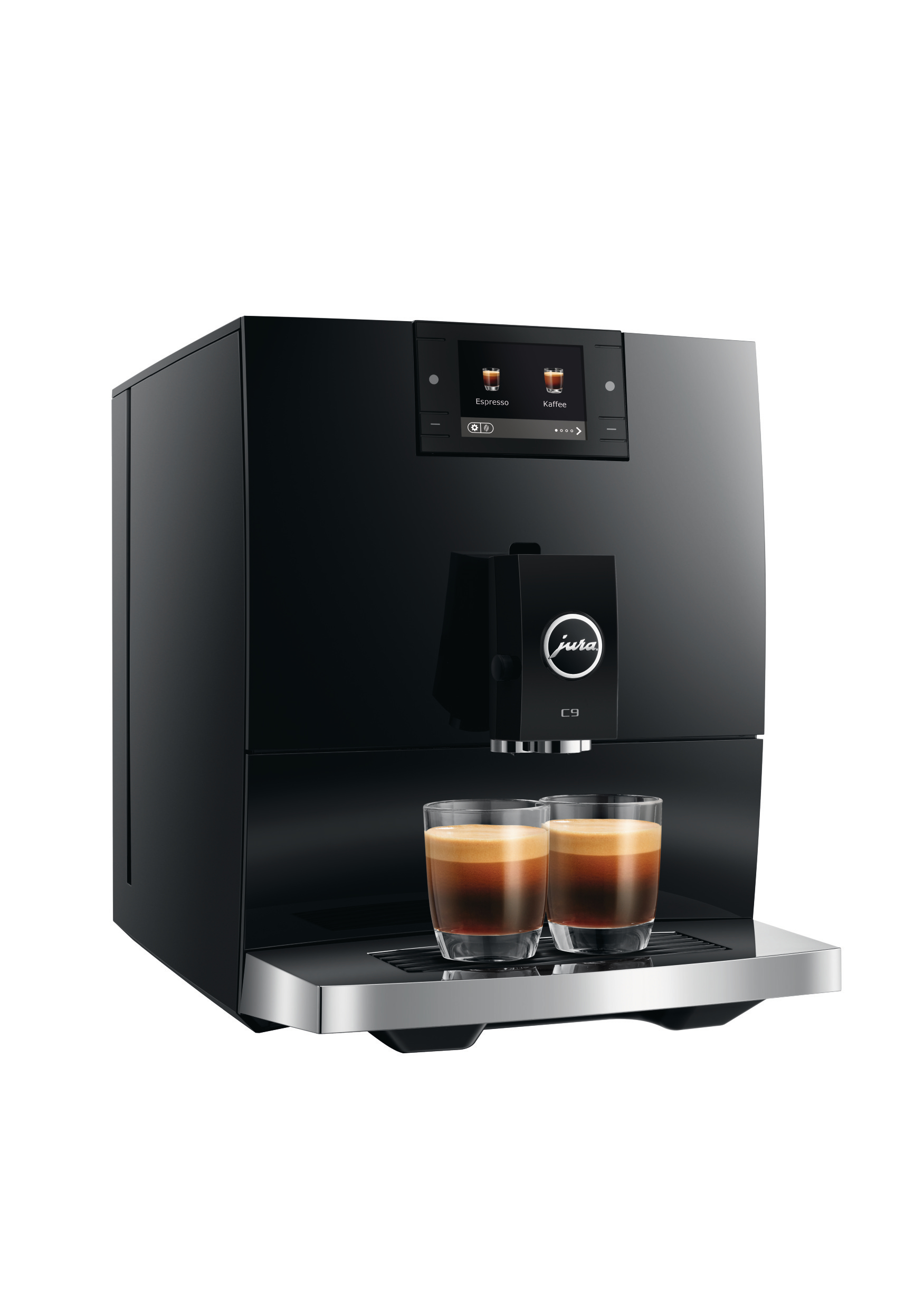 Eine schwarze Jura C9 Kaffeemaschine mit zwei Espresso-Gläsern. Die Maschine hat ein digitales Display und eine silberne Tropfschale.